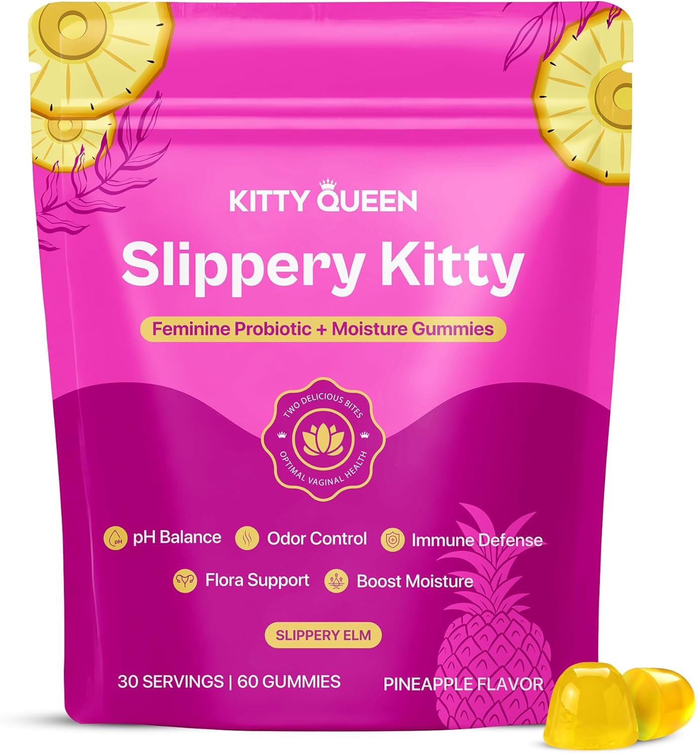 KITTYQUEEN Slippery Kitty Feminine Probiotic and Moisture Gummies, Pineapple Flavor, Women’s Probiotic Gummies for Vaginal Health, pH Balance, Odor Control, Flora Support and Moisture Boost, 60 Count - Image 2