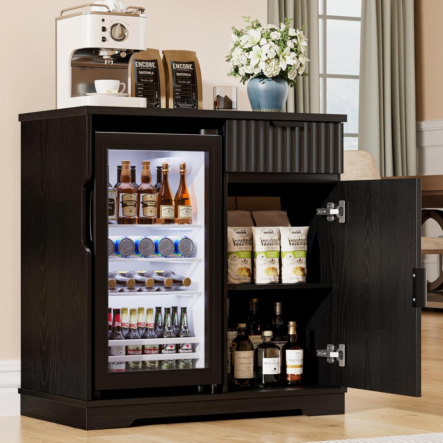 Mini Fridge Cabinet (Fridge Included), Fluted Coffee Bar Cabinet with Refrigerator, Pull Out Drawer & Storage Cabinets, 31.5" Liquor Wine Bar Cabinet for Home, Kitchen, Dining Room, Blac - Image 4
