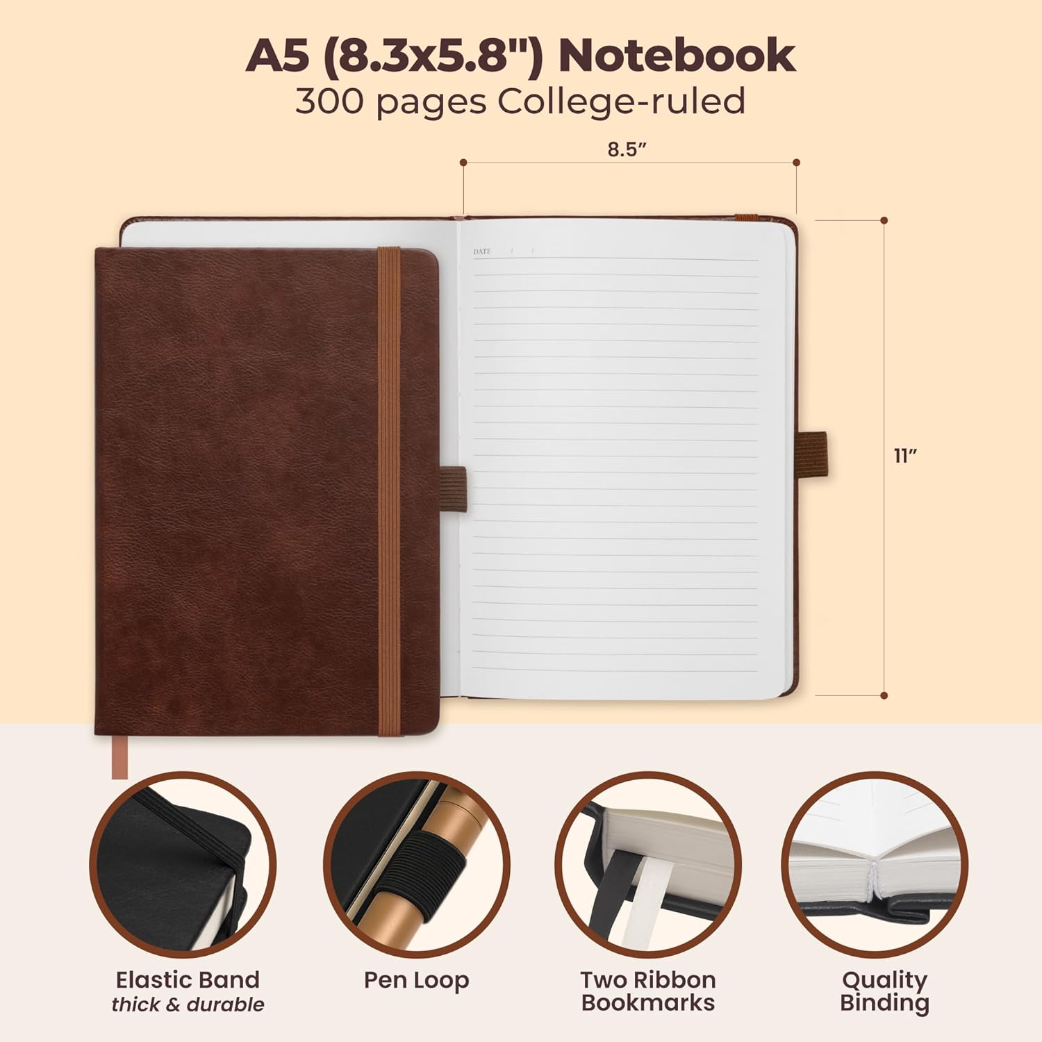 Lined Leather Bound Journal Notebook, A5 Hardcover - Brown 5.8x8.3" - Thick 300 Pages College Ruled Paper Journals for Men and Women - Personal and Professional Note Book for Writing & Journaling - Image 3