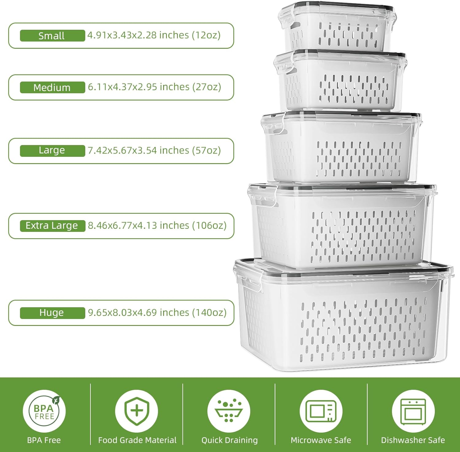 KEMETHY 5 Pack Fruit Storage Containers for Fridge with Removable Colanders - Food Storage Containers with Lids, BPA-Free Produce Containers Keep Fruits, Vegetables, Berry, Meat Fresh Longer - Image 4