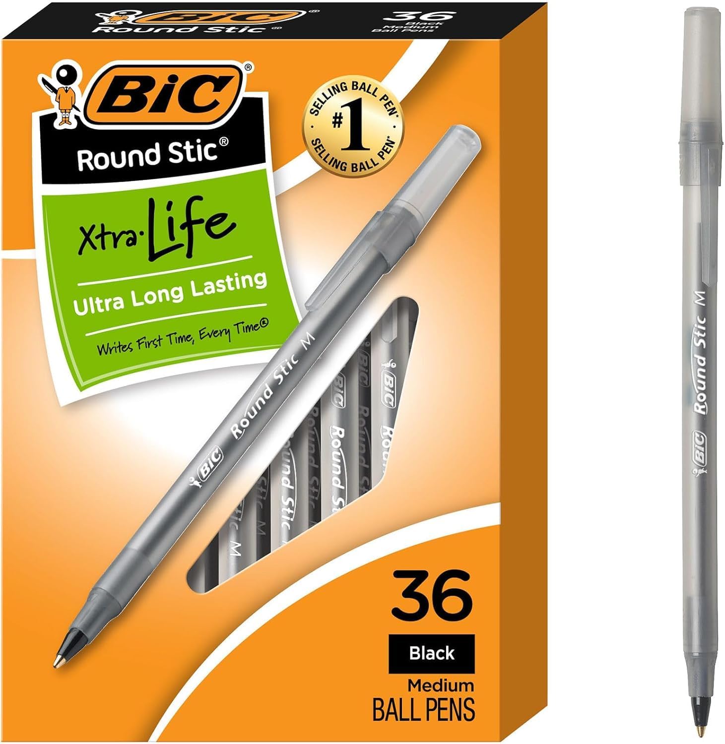 BIC Round Stic Xtra Life Black Ballpoint Pens, Medium Point (1.0mm), 36-Count Pack of Bulk Pens, Flexible Round Barrel for Writing Comfort, No. 1 Selling Ballpoint Pens - Image 2