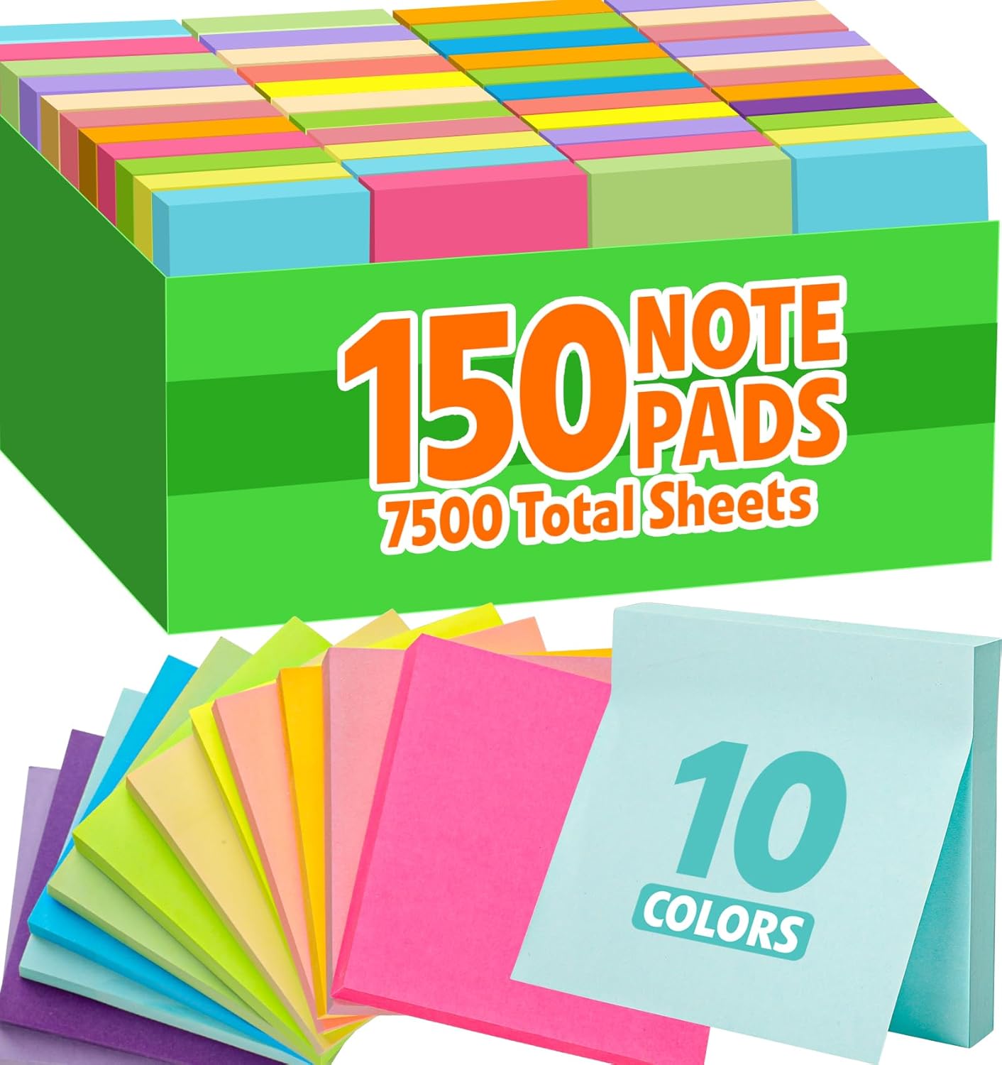 150 Pads Sticky Notes 3x3, Self-Stick Pads Bulk Bright Colors, School Supplies, Office Products, 50 Sheet/Pad