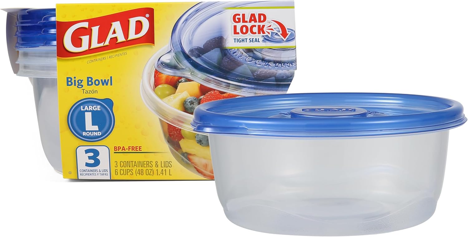 Glad GladWare Big Bowl Food Storage Containers with Lids, Large Round No BPA Plastic Containers for Soups, Salads, and Meal Prep, Lock Tight Seal, Microwave Dishwasher Safe, 48 Oz, 3 Count - Image 2