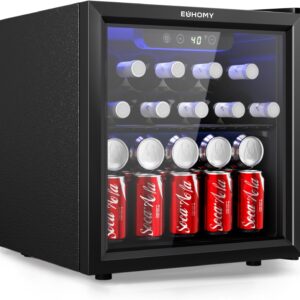 EUHOMY 48 Can Beverage Refrigerator cooler-Mini Fridge Glass Door for Beer Drinks Wines, Countertop Beverage Fridge with Adjustable Shelves Blue LED for Home/Office/Dorm/Bar, 1.3 cu.ft