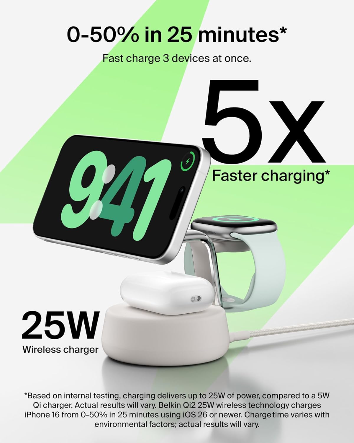 Belkin MagSafe Charger Compatible, 3-in-1 Charging Station, Qi2.2 25W w/Cooling Fan (On/Off Control) Magnetic Wireless Charger for iPhone 17, Apple Watch, AirPods, Pixel 10 (45W Adapter Included) - Image 3