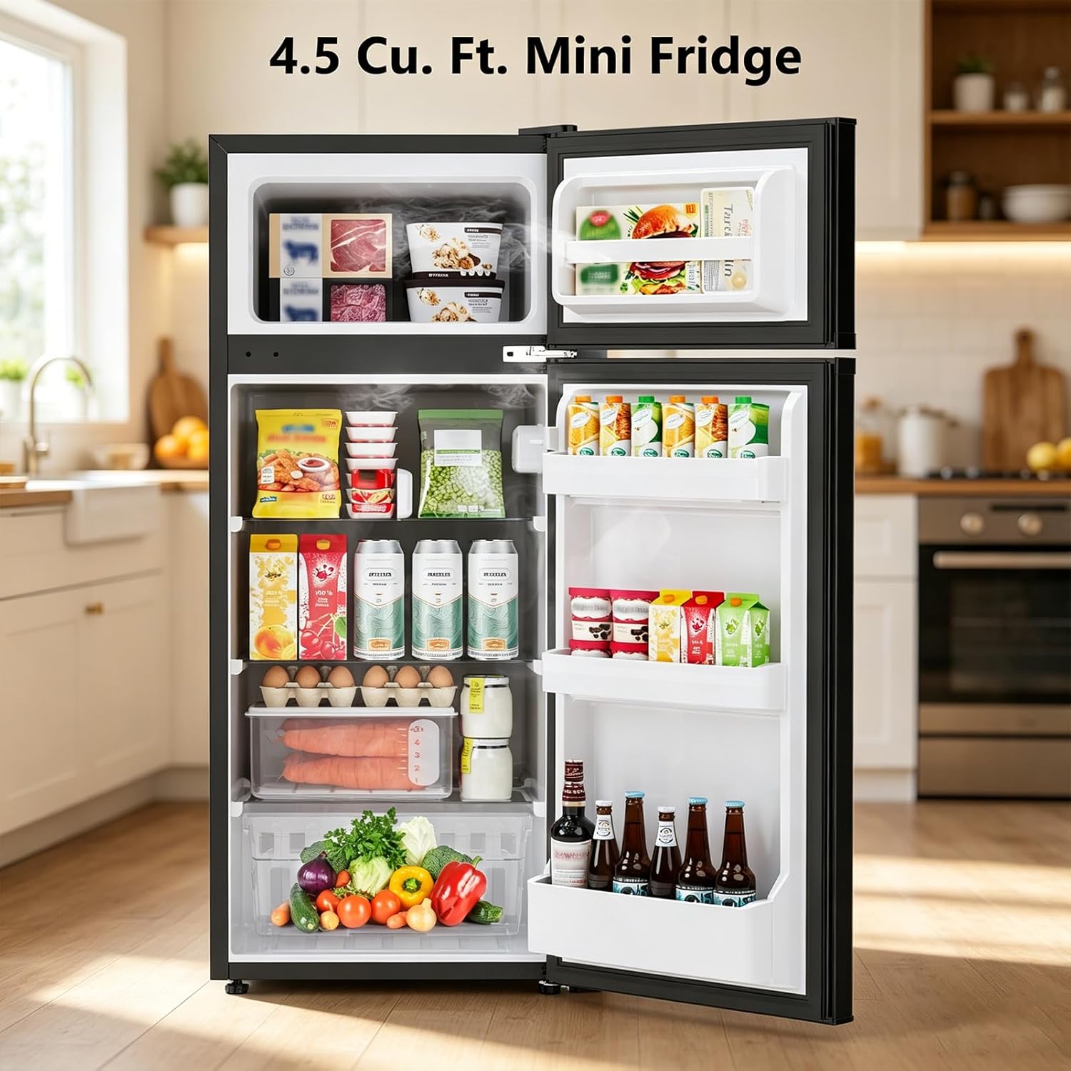 4.5 Cu.Ft Mini Fridge with Freezer, 2 Door Compact Refrigerator, Small Fridge with Adjustable Thermostat Energy Ultra Quiet, Mini Fridge Removable Glass Shelves for Bedroom Office Dorm-Satin Black - Image 3