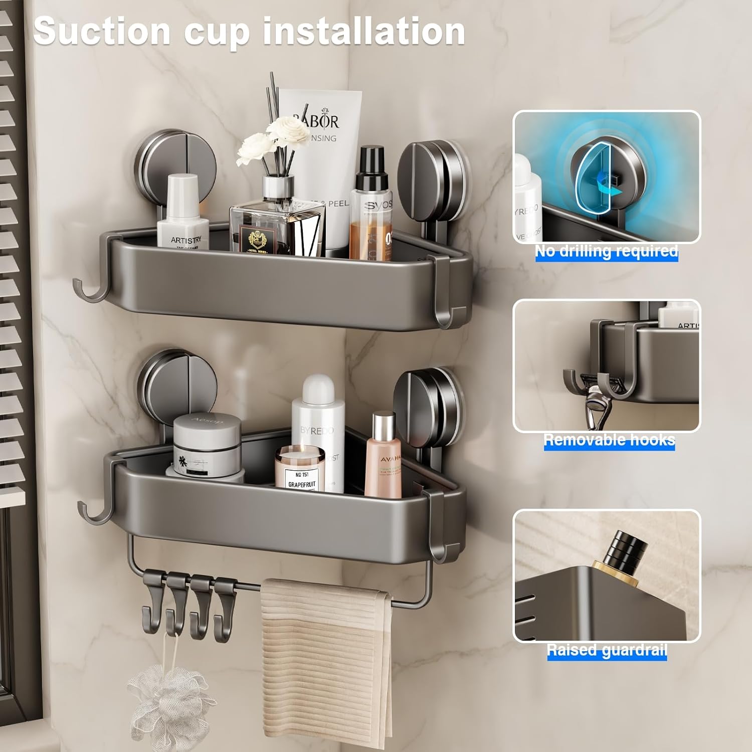 Mustorn Suction Cup Shower Caddy Corner, 2 Pack Suction Corner Shower Shelves No Drilling, Rustproof Shower Organizer Suction Cup with Towel Holder & Hooks Removable Bathroom Storage Rack(Gray) - Image 4
