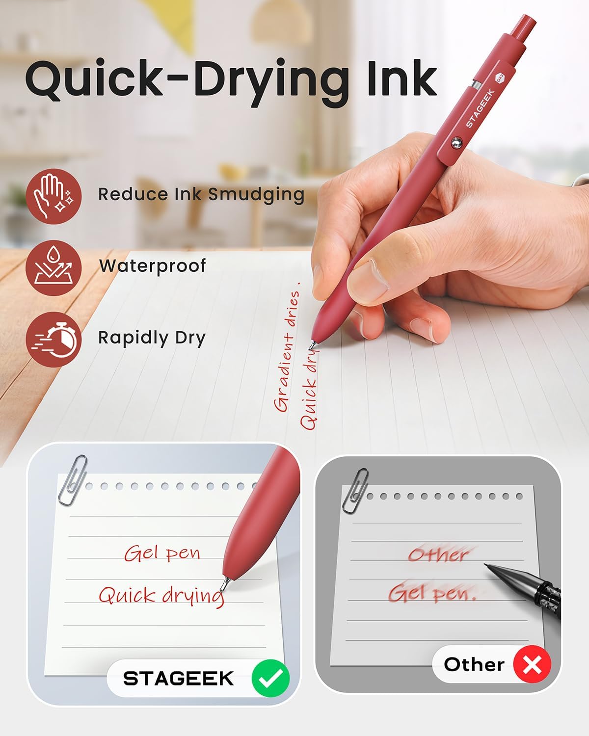 STAGEEK Red Gel Pens GX3, 6Pcs Quick Dry Red Ink Pens with 3 Extra Refills, Fine Point Retractable Smooth Writing Pens for Journaling, Note Taking, School Supplies, Nurse Aesthetic, Office(Red) - Image 5