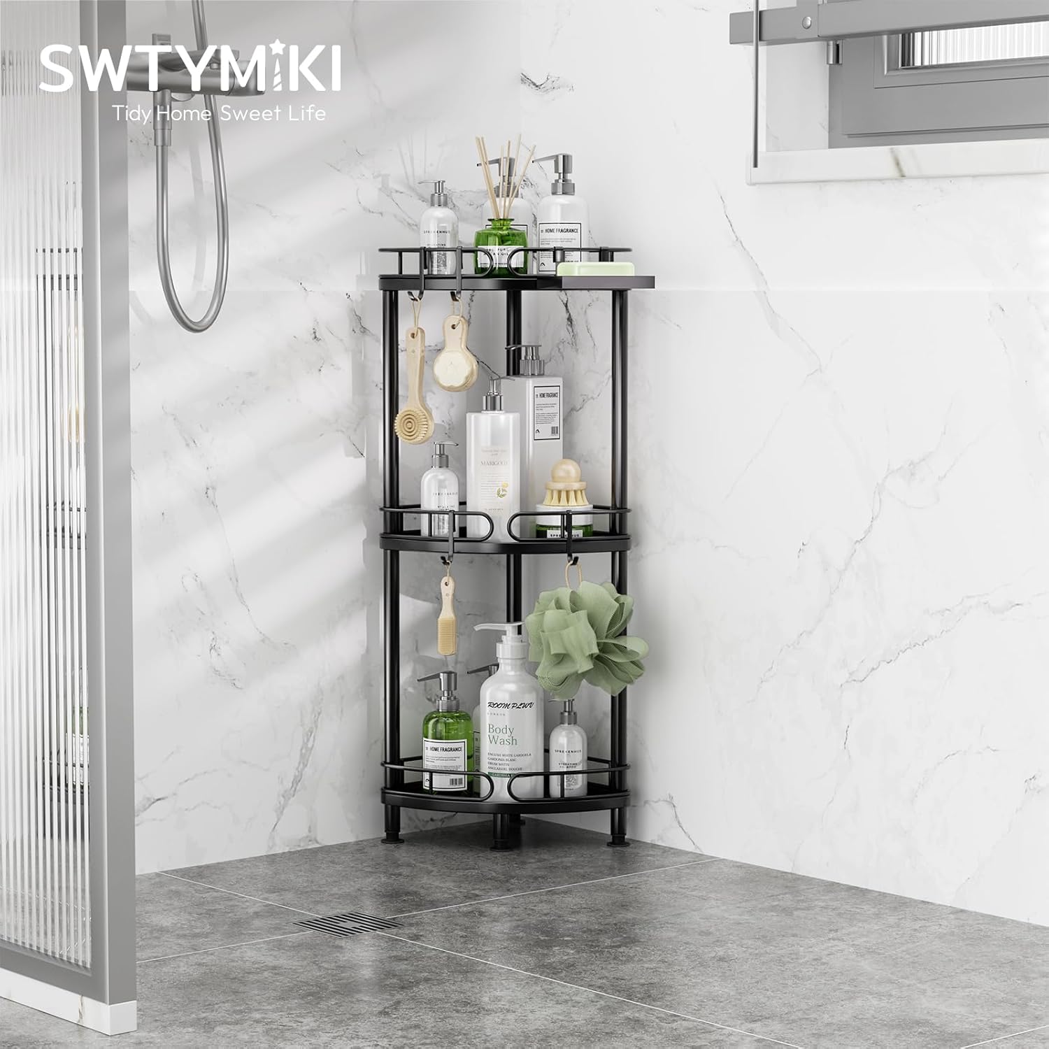 SWTYMIKI Corner Shower Caddy Standing - 3 Tier Rustproof Metal Shower Organizer Stand with Soap Holder and 4 Hooks, Freestanding Floor Shower Storage Stands for Bathroom, Black - Image 3