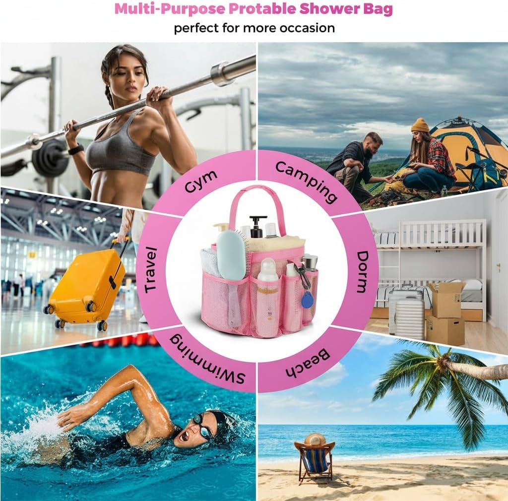 Mesh Shower Caddy Portable for College Dorm Room Essentials,Hanging Shower Caddy Dorm Basket with 8 Pockets,Quick Dry Shower Bag for Bathroom,Beach,Swimming,Gym (Light Pink) - Image 8