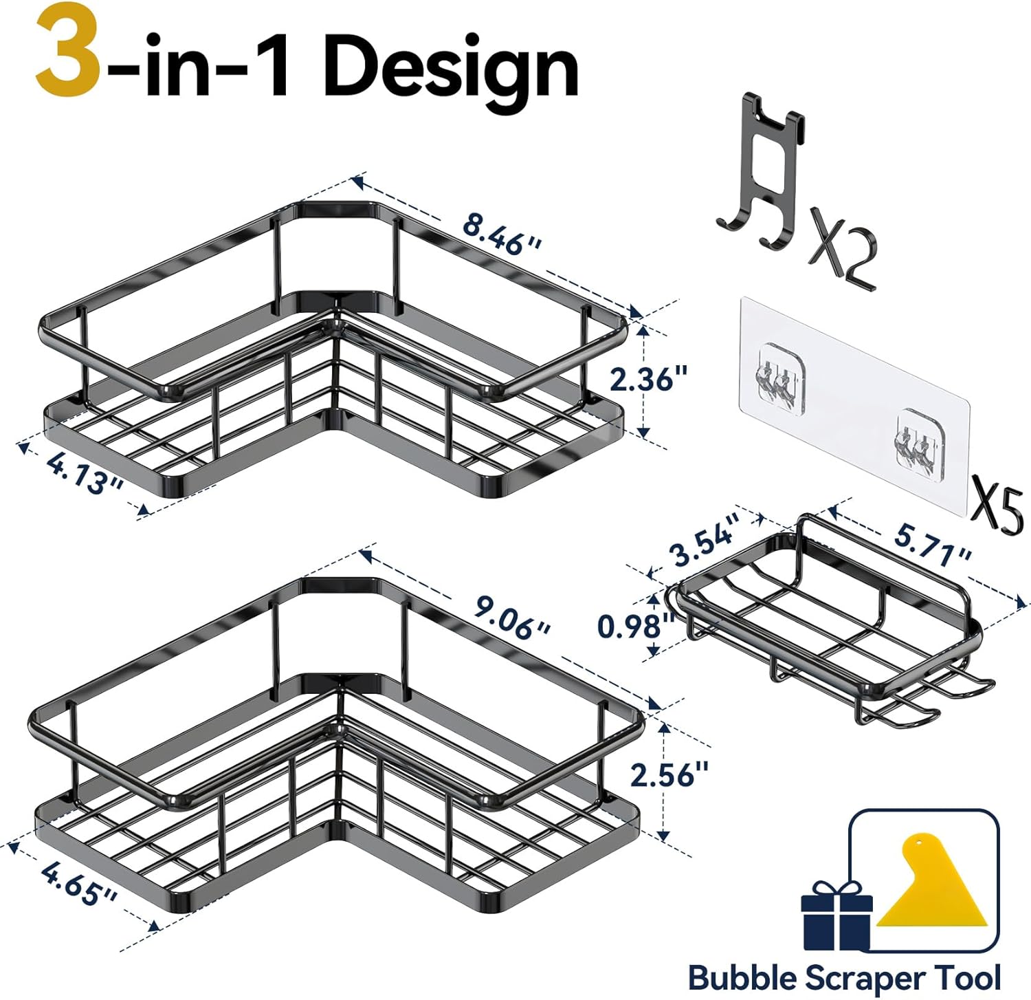 YASONIC Shower Caddy Corner, 3-Pack Adhesive Rustproof Stainless Steel Shower Shelves with Soap Holder, No Drilling Shower Organizer Corner for Dorm, Renters Bathroom, Black - Image 3