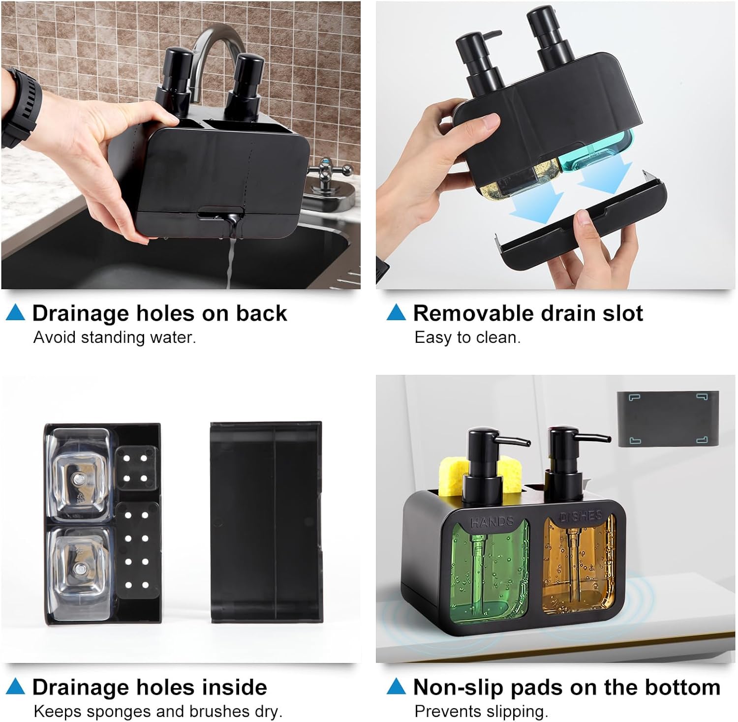 Kitchen Soap Dispenser Set, with Hand and Dish Soap, Sponge Caddy and Brush Holder 4-in-1 Kitchen Dual Soap Dispenser Set for Kitchen Sink, Bathroom - Black - Image 6