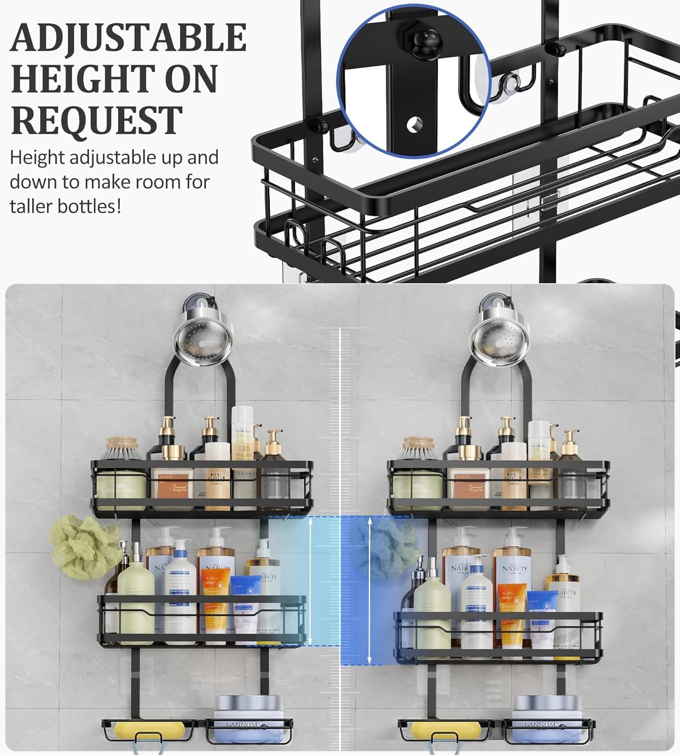 OMAIRA Shower Caddy Hanging Over the Shower Head - Rustproof Shower Organizer Hanging with Soap Scrub Holder, Non-Slip Stainless Steel Bathroom Storage Rack & Shelves, No Drilling, Black - Image 4