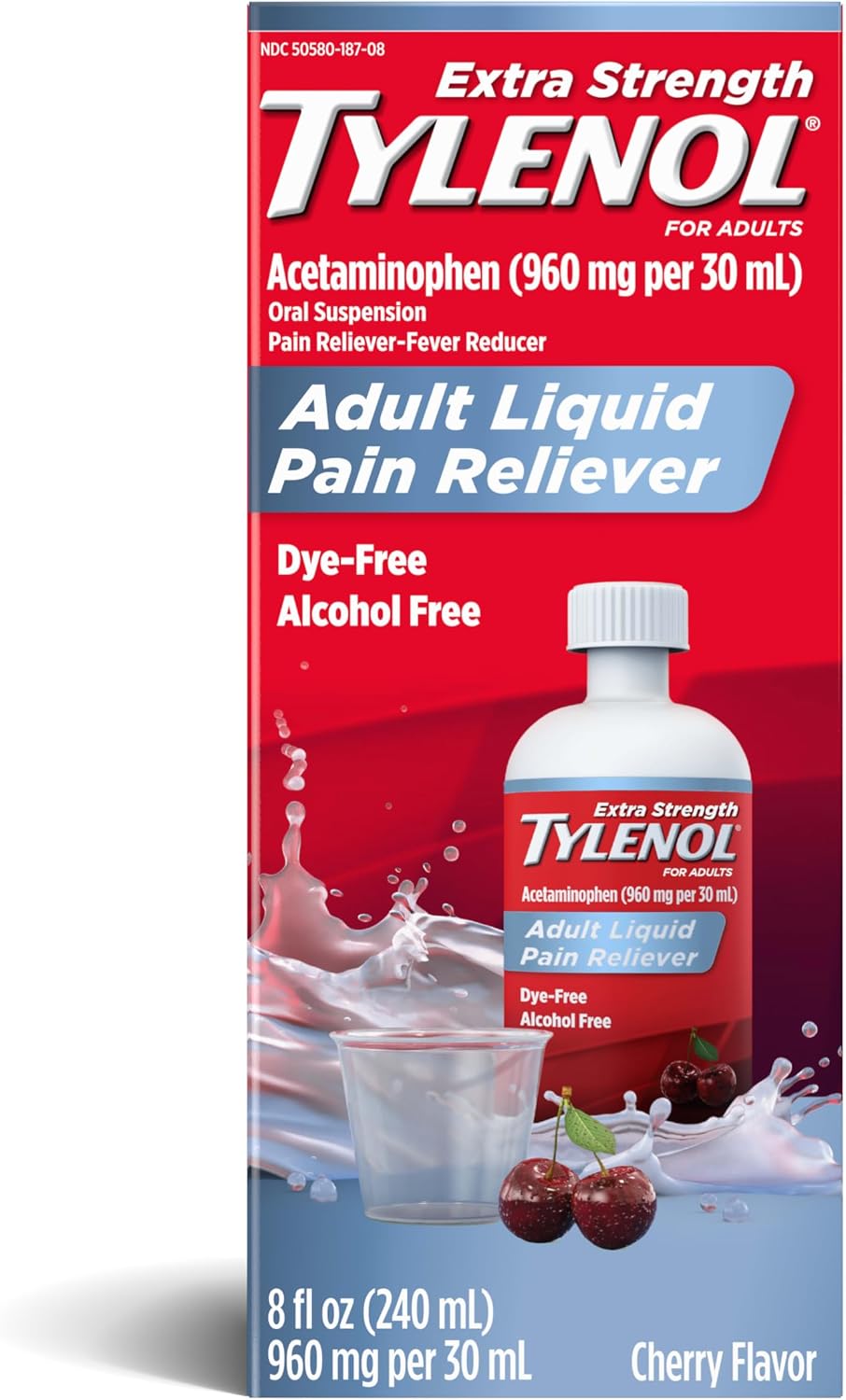 Tylenol Adult Liquid Pain Reliever and Fever Reducer, Extra Strength Liquid Acetaminophen for Fast Pain Relief for Headaches & Other Minor Pain, Cherry Flavor, Dye & Alcohol Free, 8 fl. oz - Image 2