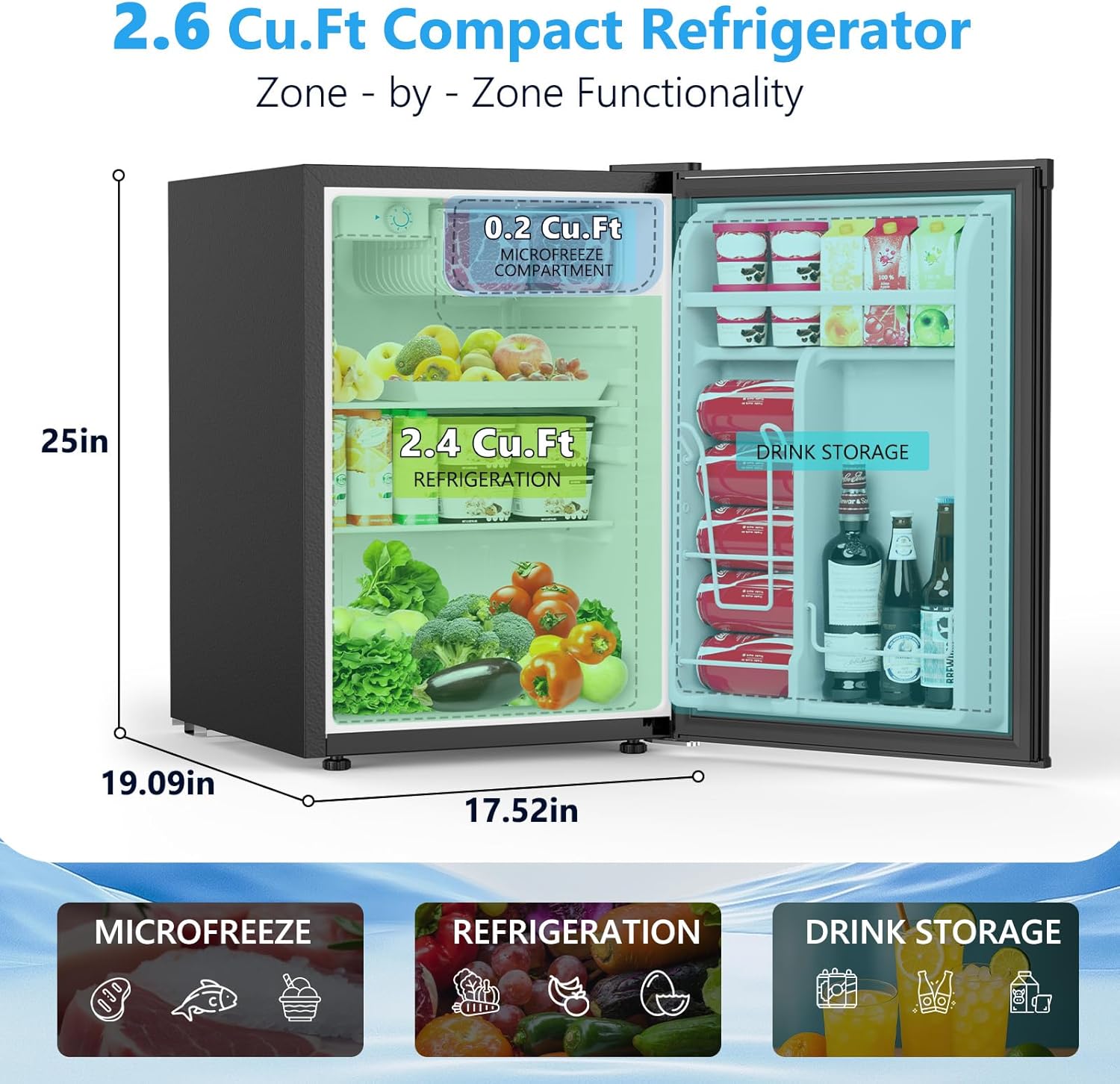 COWSAR 2.6 Cu.Ft Mini Fridge with Freezer, Single-Door Compact Refrigerator, 7 Settings Temperature Adjustable, 2 Removable Shelves, Commercial Small fridge for Bedroom, Office, Kitchen, Dorm, Black - Image 3