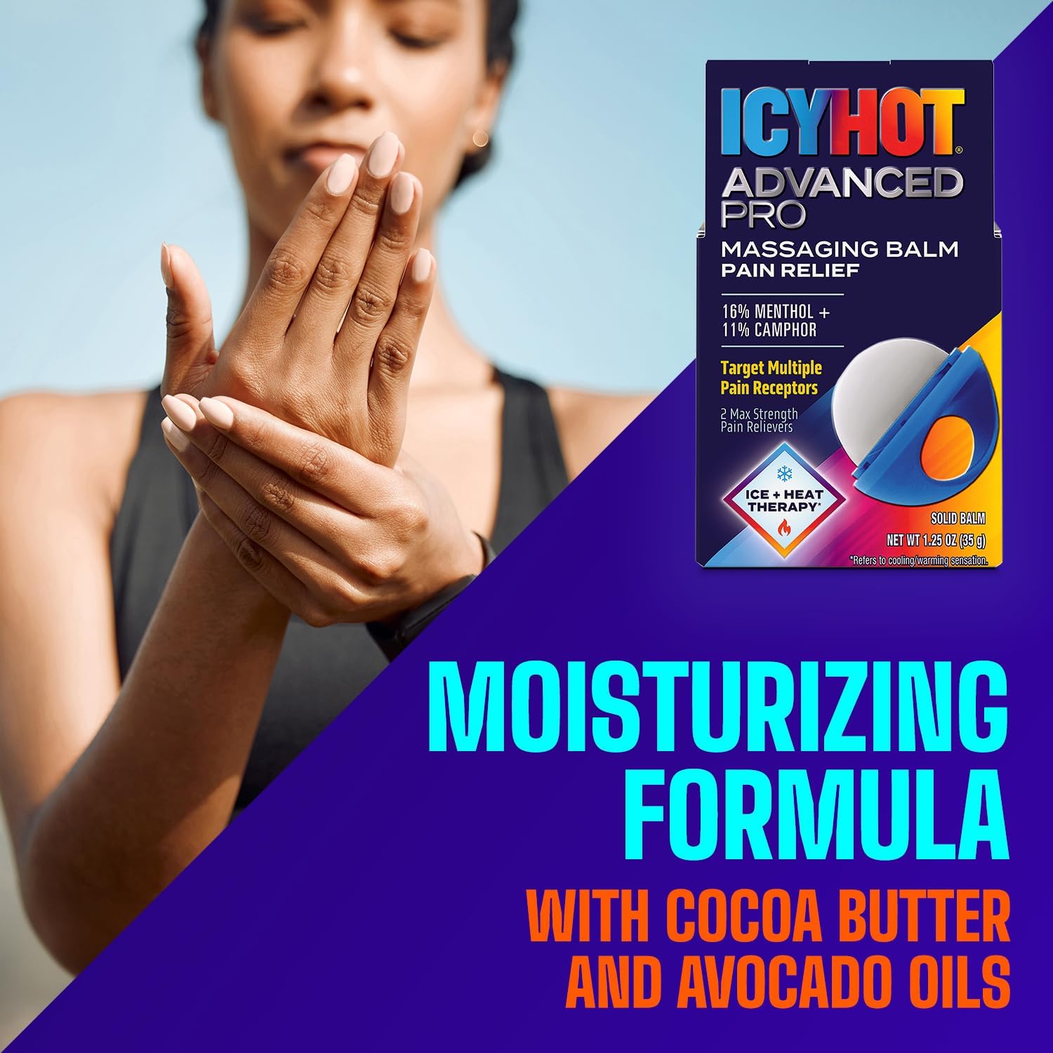 Icy Hot Advanced PRO Pain Relief Massaging Balm, Fast-Acting Max Strength Pain Relief With Menthol 16% and Camphor 11% for Backaches, Joints, Muscle Strains and Arthritis, Essential Oil Scent, 1.25 oz - Image 9
