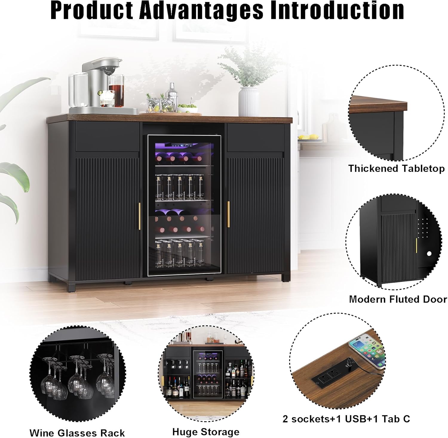 GDLF Large Coffee Bar Cabinet with Fridge Space, Mini Fridge Cabinet with Wine Storage, Buffet Sideboard Table for Home, Fluted Modern Design,53.2" L - Image 7
