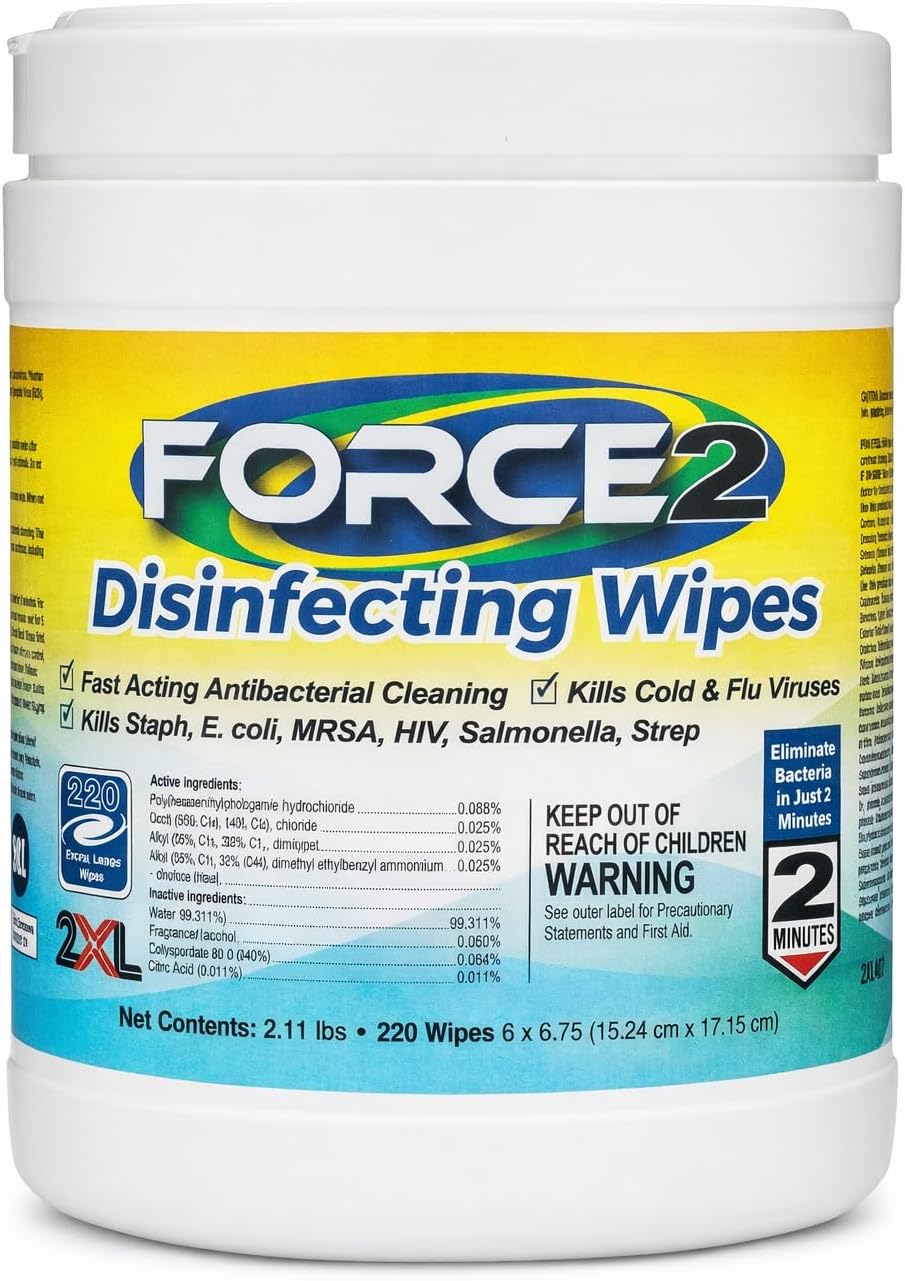 Force2 2XL Disinfecting Wipes – 220 Wipe Count – Antibacterial Disinfectant, Multi-Surface Cleaning and Sanitizing Wipes