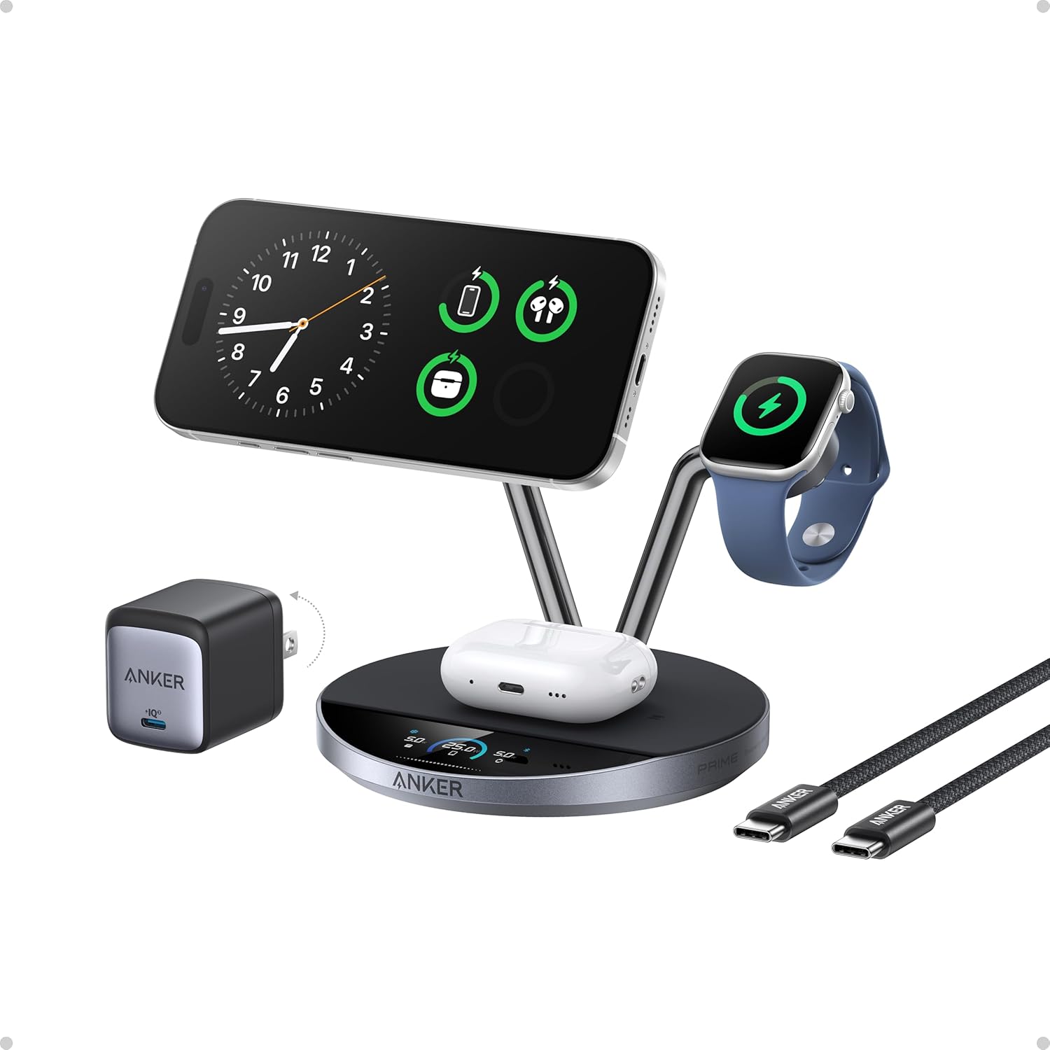 Anker Prime 3-in-1 Charging Station, Qi2.2-Certified 25W Wireless Charger Dock Stand, MagSafe Compatible, Smart Display with TEC Active Cooling, for iPhone 17, Apple Watch, AirPods, and More - Image 2