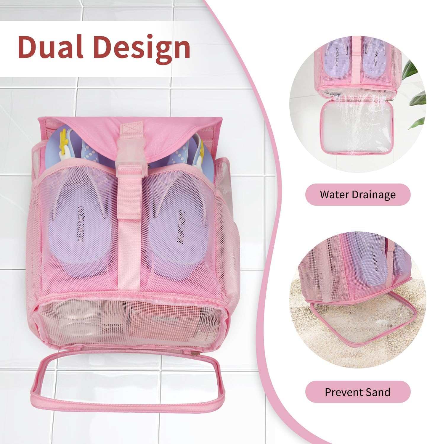 Ethereal Pink Hanging Mesh Shower Caddy Portable for College Dorm Room Essentials, Large Capacity Shower Bag for Guys/Girls, for Beach, Swimming, Gym - Image 5