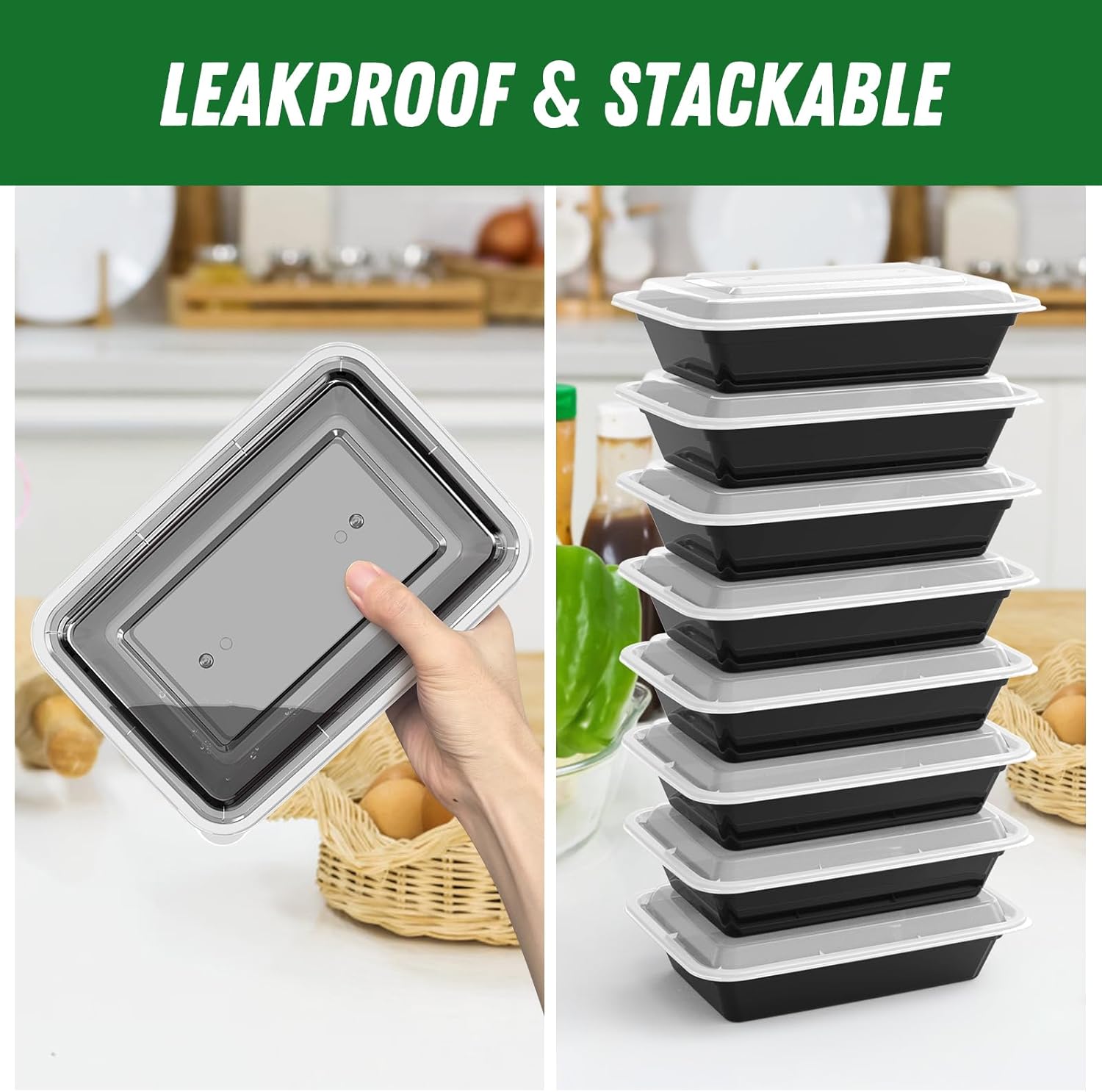 50 Pack (100-Piece) 32 oz Meal Prep Containers Reusable with Easy Open Lids, Sturdy Leakproof Food Safe, Microwave Freezer Dishwasher Safe, To Go Take Out Plastic Food Storage Pans with Lids, Black - Image 5