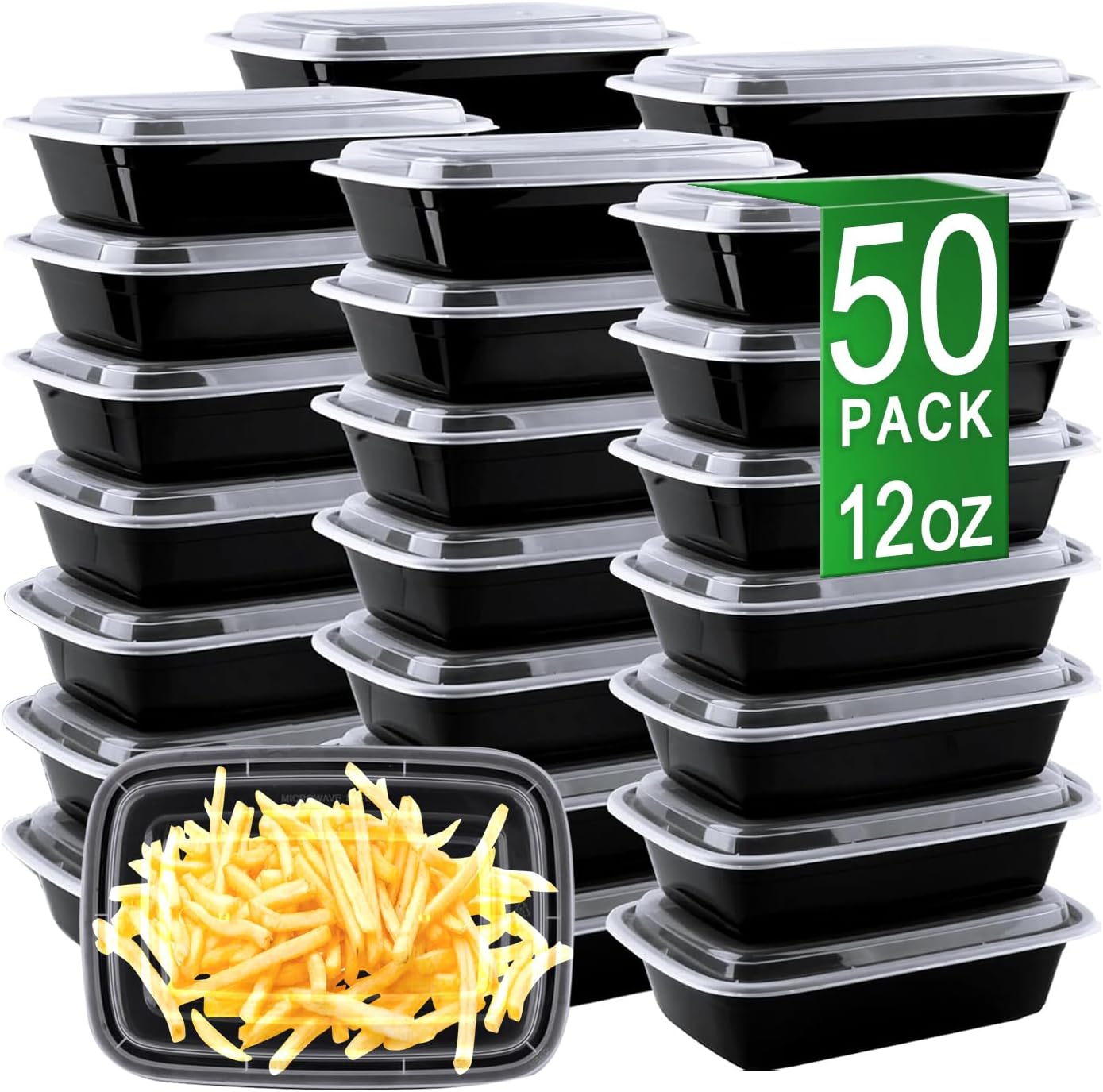 Meal Prep Containers, 50 Pack 12oz (100-Piece) Disposable Take Out Food Storage Containers with Leakproof Lids, Reusable Plastic To Go Lunch Boxes, BPA Free, Microwave/Dishwasher/Freezer Safe - Image 2