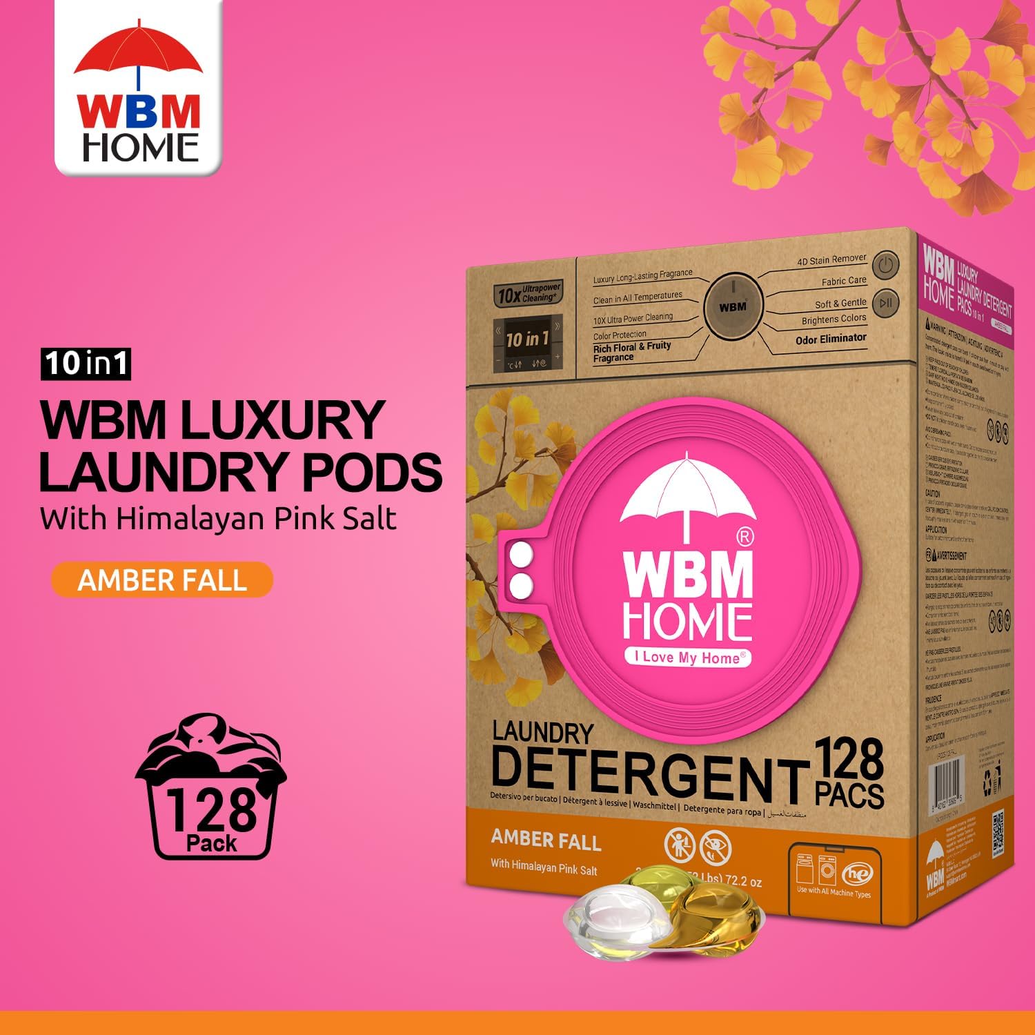WBM Home Laundry Detergent Pods, Total 128 Count | Amber Fall Fragrance | 10 in 1 Laundry pods Detergent Ultra Power Cleaning with Plant-Based Scent, Extra Protection With 4D Stain Remover - Image 3