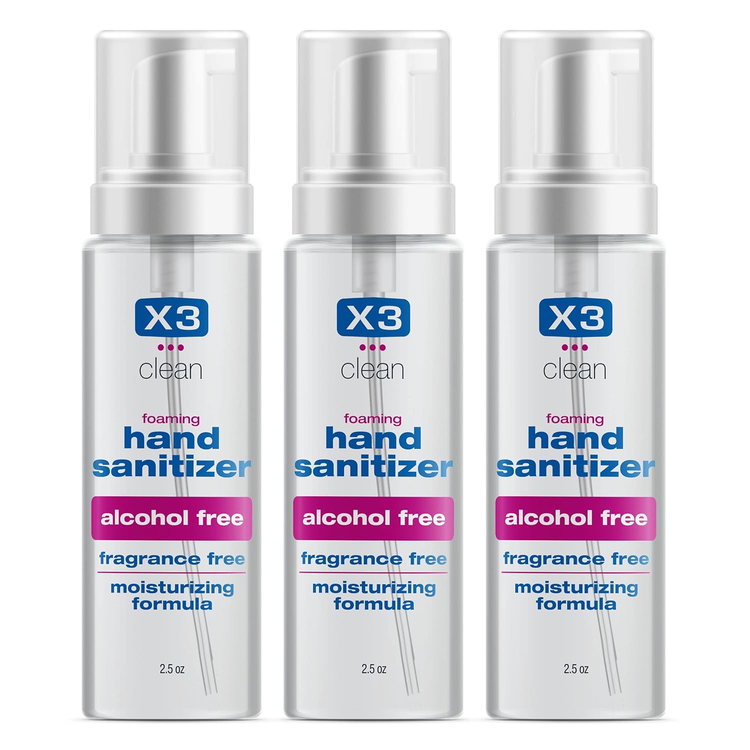 X3 Clean Foaming Hand Sanitizer, Alcohol Free and Fragrance Free, Kills 99.9% Germs, Moisturizing Formula, Travel Size 2.5 oz (3 Pack) - Image 2