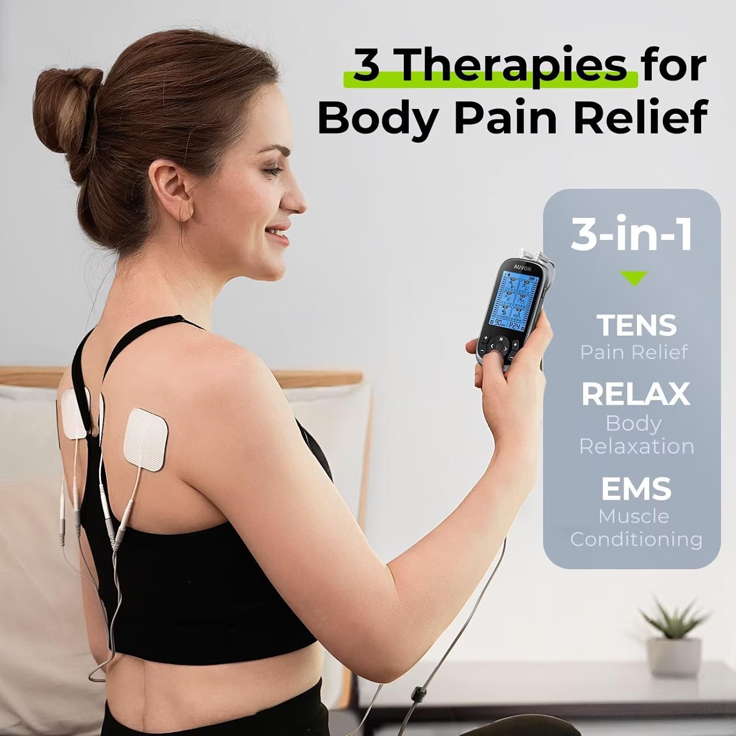 AUVON 3-in-1 TENS Unit Muscle Stimulator, EMS Massage Machine with 40 Intensities for Gradual Shoulder, Sciatica, Back Pain Relief, 24 Modes Rechargeable Electronic Pulse Massager with 12 TENS Pads - Image 4
