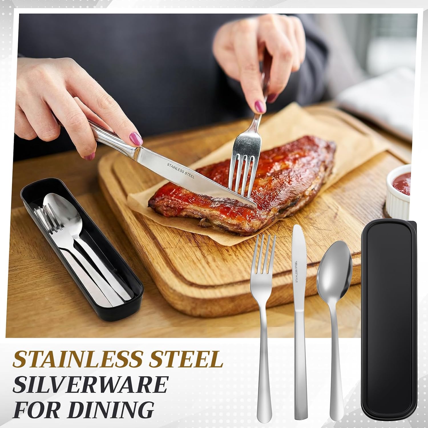 Lothee 20 Pack Travel Utensils with Case Reusable Stainless Steel Silverware Bulk Camping Cutlery Set Include Forks Knives Spoons for Work Picnic Travel and Lunchboxes, Dishwasher Safe, Black - Image 6