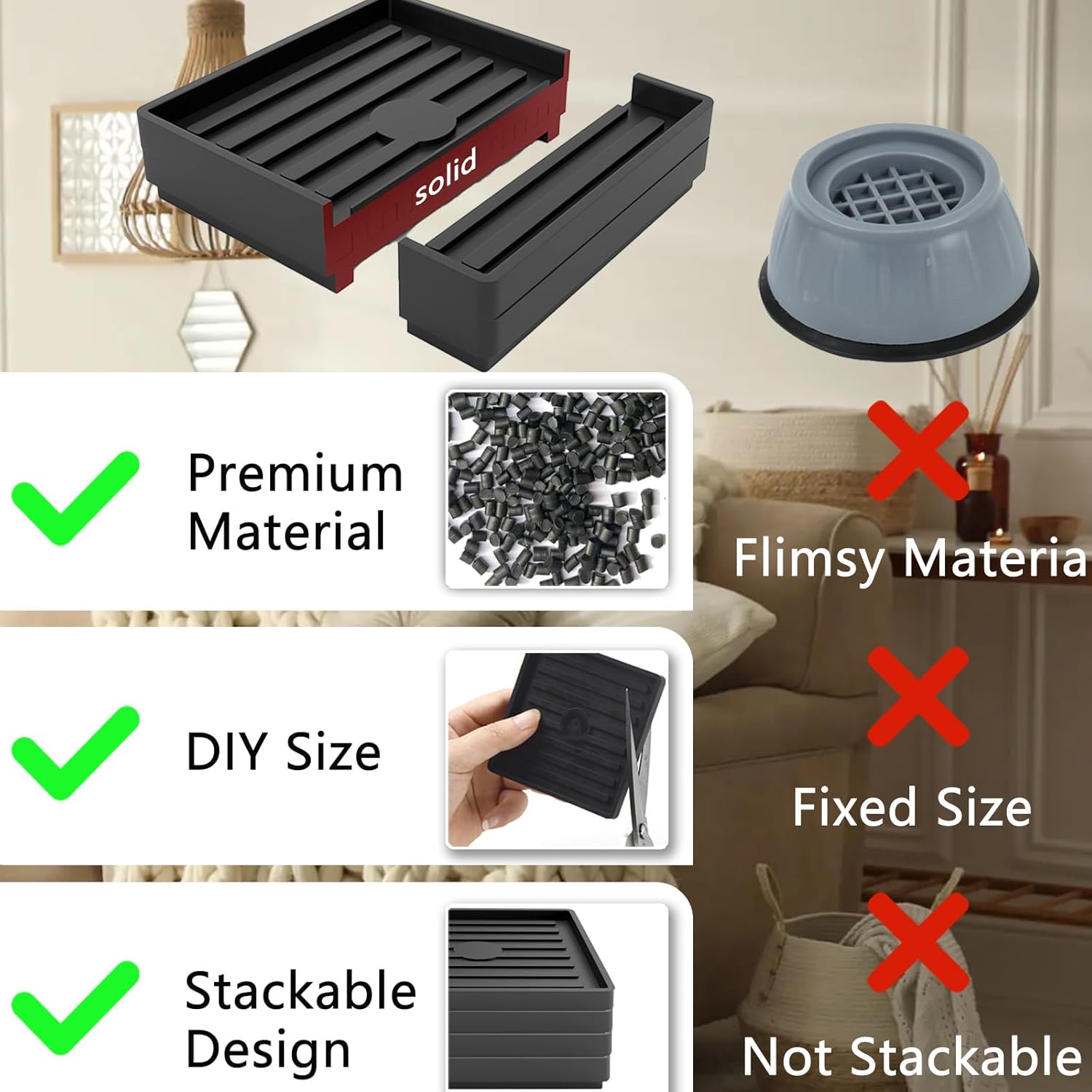 Bed Risers Heavy Duty, Set of 8, Stackable Square Furniture Risers, Adjustable Bed Furniture Risers Lifts Height 0.5-2 inch, Solid Non Slip Furniture Pad for College Dorm, Table, Couch, Chair - Image 7