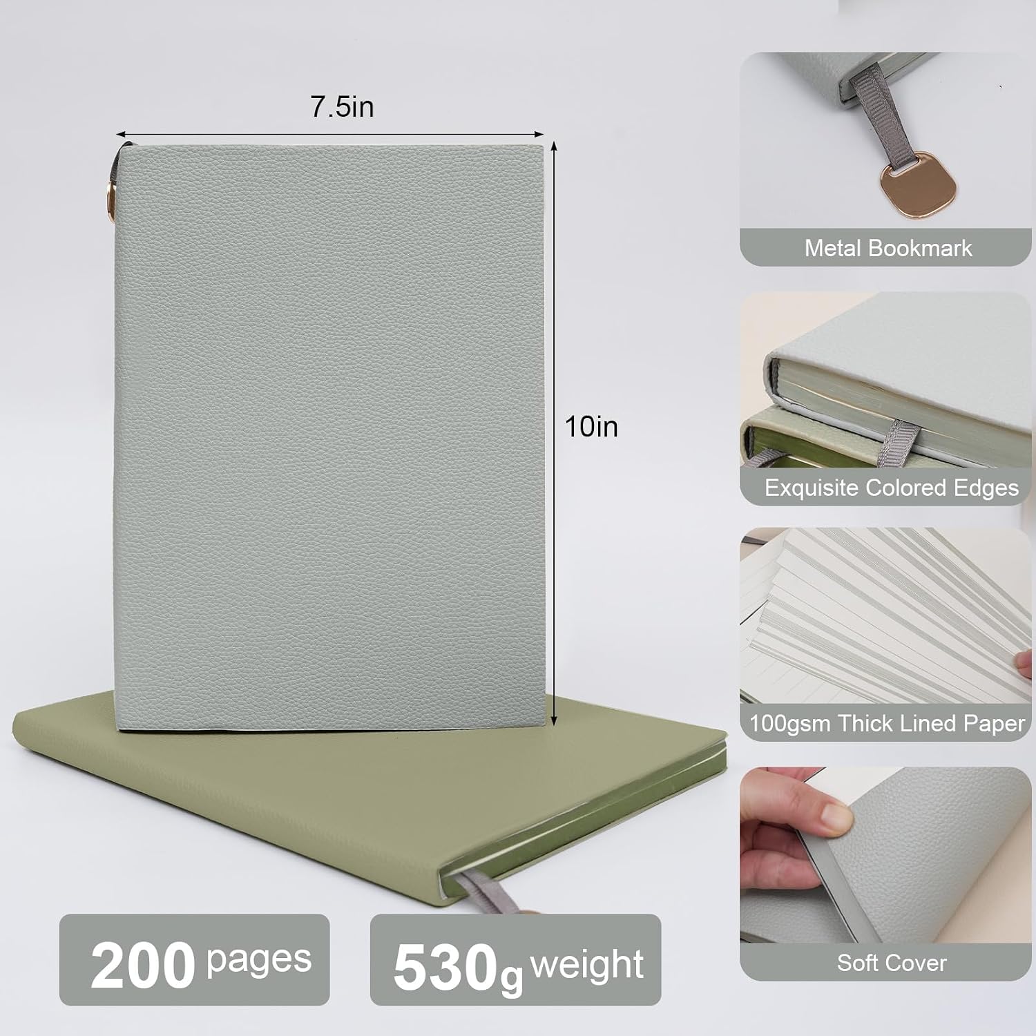 Picoway Water Blue 7x10 Inch Large B5 Softcover Notebook, 200 Pages 100gsm Thick No Bleed Journal with Colored Edges & Metal Pendant Bookmark, Premium PU Leather Aesthetic Desk Notebook for Women - Image 2