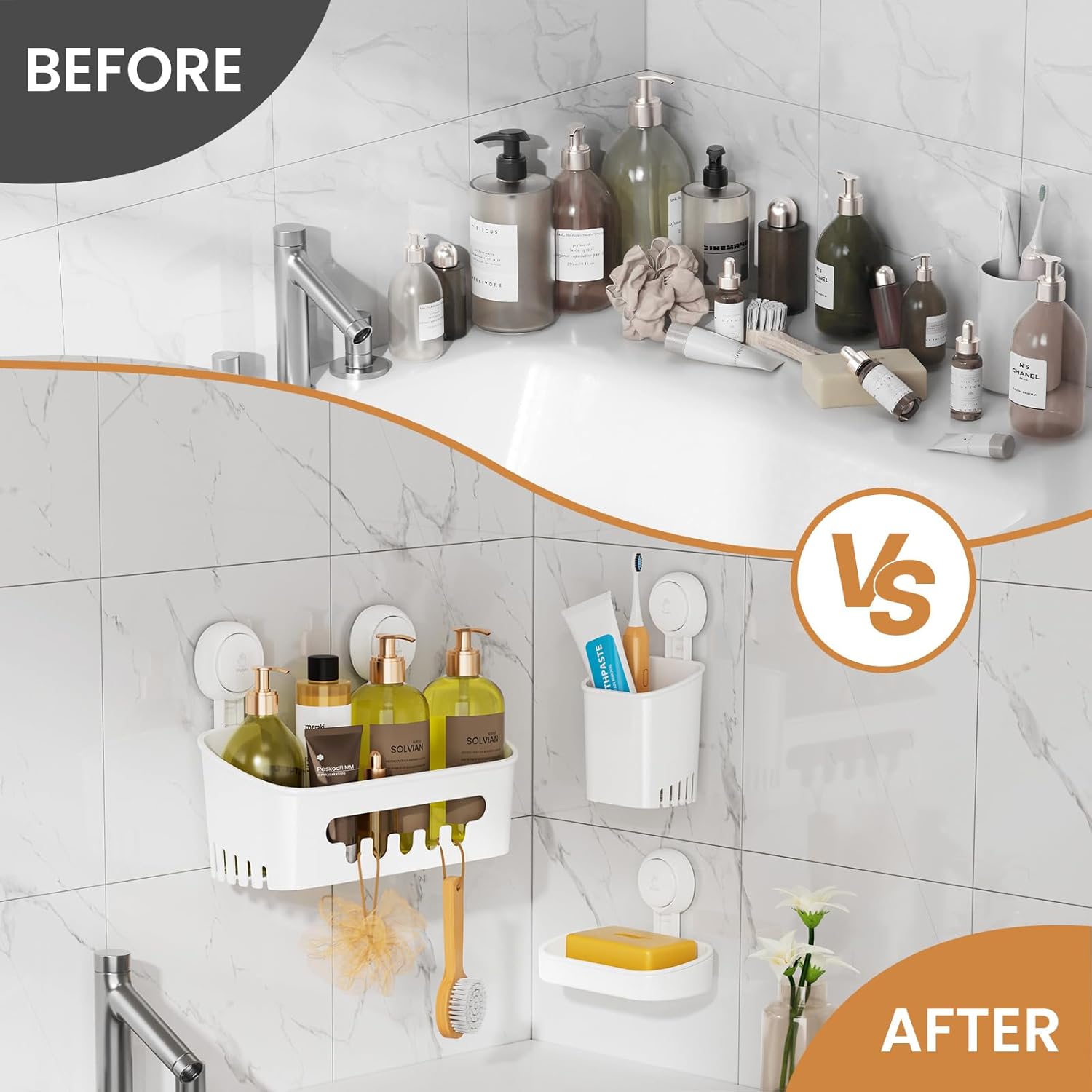 LEVERLOC Shower Caddy Suction Cup Set Shower Organizer & Soap Holder & Toothbrush Holder, Bathroom Shelf Basket NO-Drilling, Removable Suction Storage Waterproof Bathroom Caddy, White - Image 10