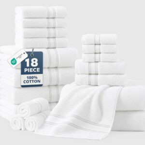LANE LINEN Towel Set of 18 – Premium 100% Cotton, Zero Twist, 6 Large Bath Towel, 6 Hand Towels & 6 Wash Cloths, Quick Dry & Long-Lasting, Perfect for Family Bathrooms, Easy Care – White Towels