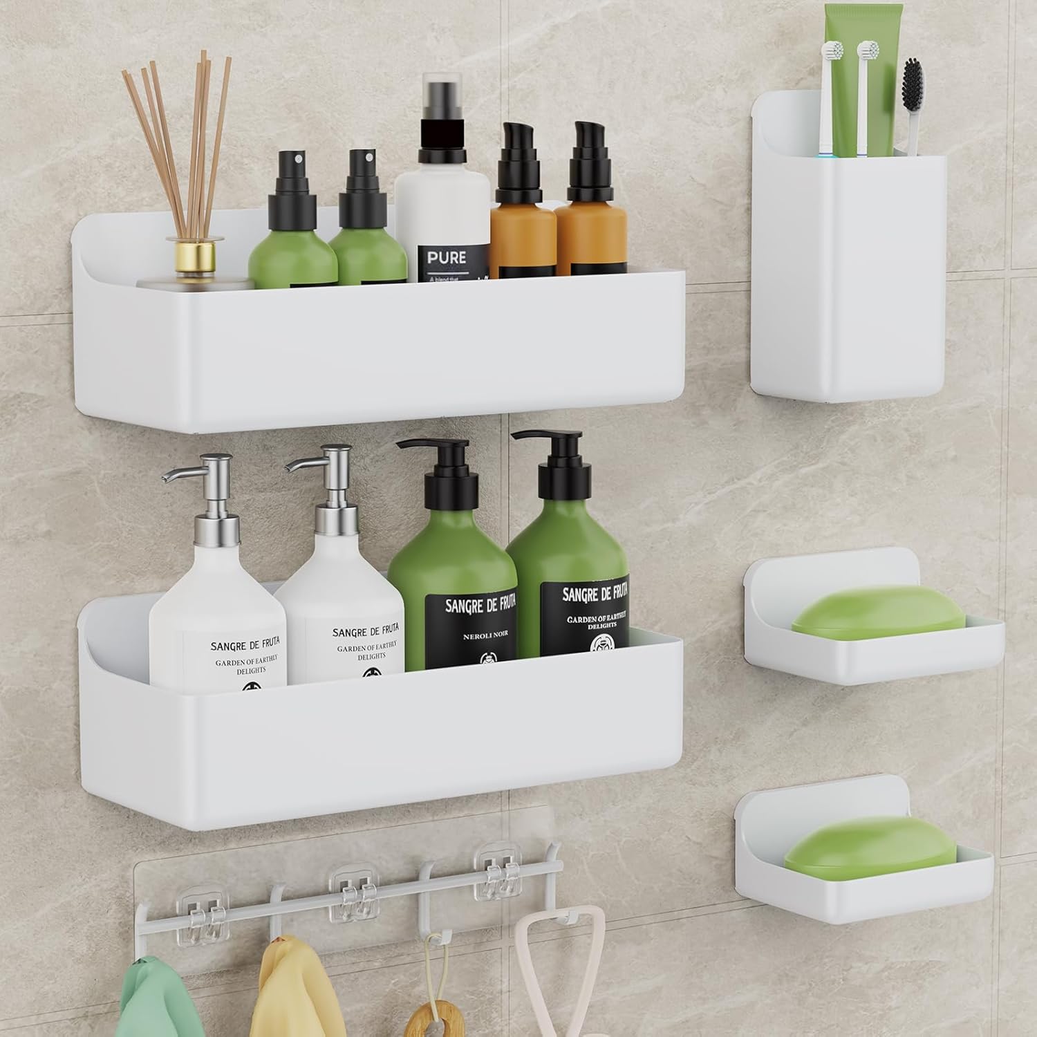 Adhesive Shower Caddy 6 Pack Rustproof Shower Shelves for Inside Shower No Drilling Bathroom Organizers and Storage Rack with Soap Holder Clear - Image 2