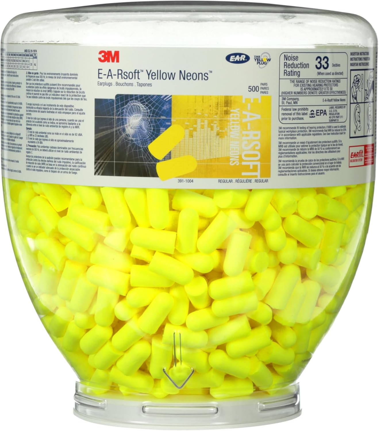 3M Ear Plugs, E-A-Rsoft Yellow Neons 391-1004, Bottle of 500 Pair of Disposable Earplugs, Regular Size, Uncorded, 33 NRR, Tapered Cylinder Shape, Slow Recovery Foam - Image 2