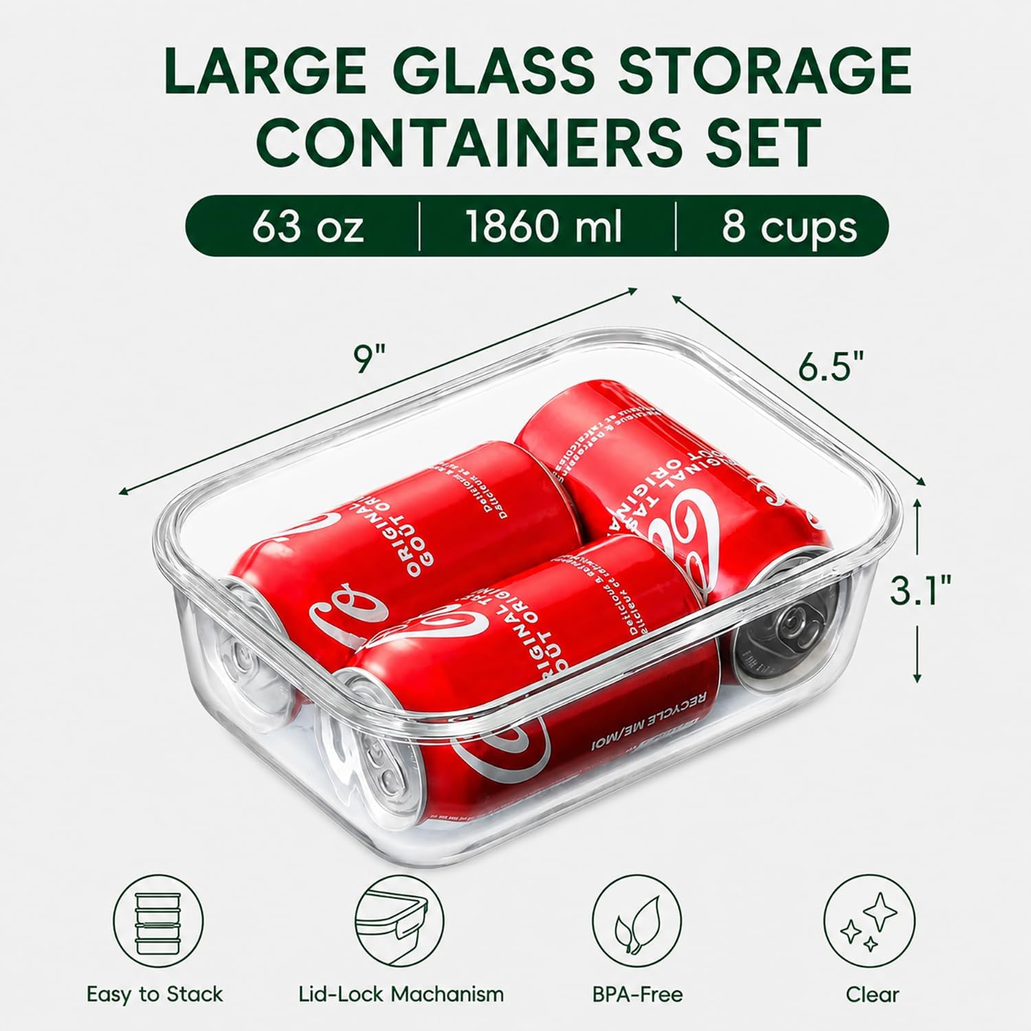 2 Pack 63oz Large Glass Storage Containers with Lids Big Meal Prep Food Container Set for Storing food, vegetables or fruits, BPA Free, Freezer Dishwasher Oven Safe (gray) - Image 3