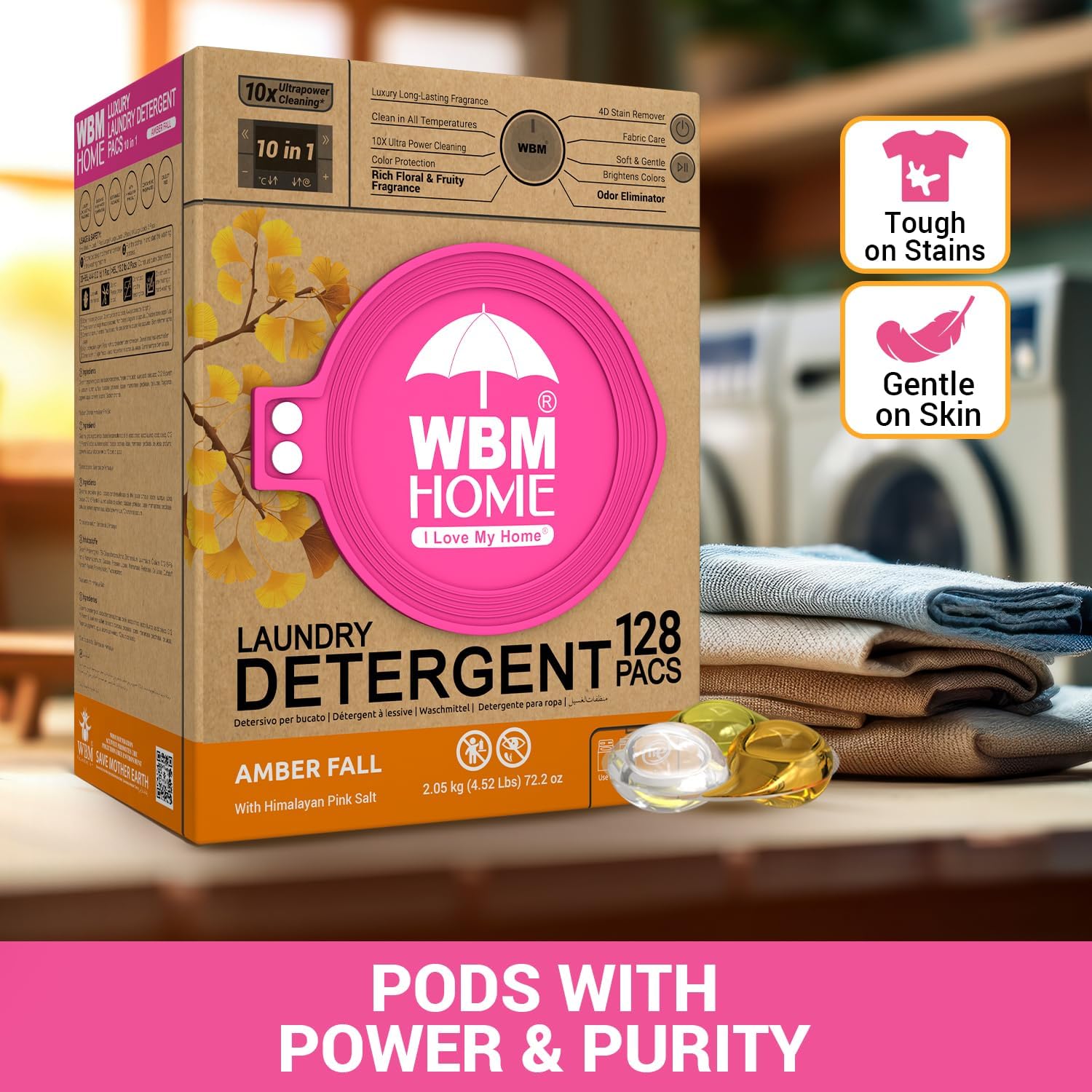 WBM Home Laundry Detergent Pods, Total 128 Count | Amber Fall Fragrance | 10 in 1 Laundry pods Detergent Ultra Power Cleaning with Plant-Based Scent, Extra Protection With 4D Stain Remover - Image 7