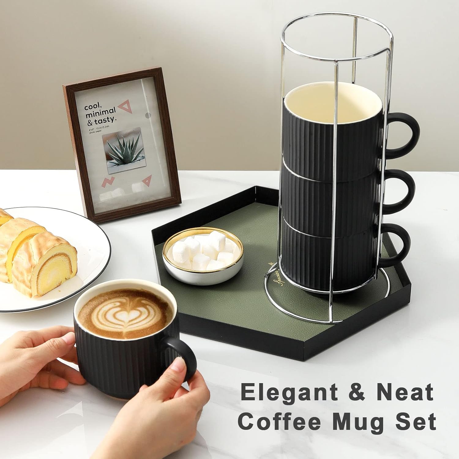 HASENSE Coffee Mug Ceramic Set of 4 with Stand, Stackable Large Latte Cups with Metal Stand, Dishwasher & Microwave Safe, Black for Cappuccino Tea Hot Cocoa - Image 3