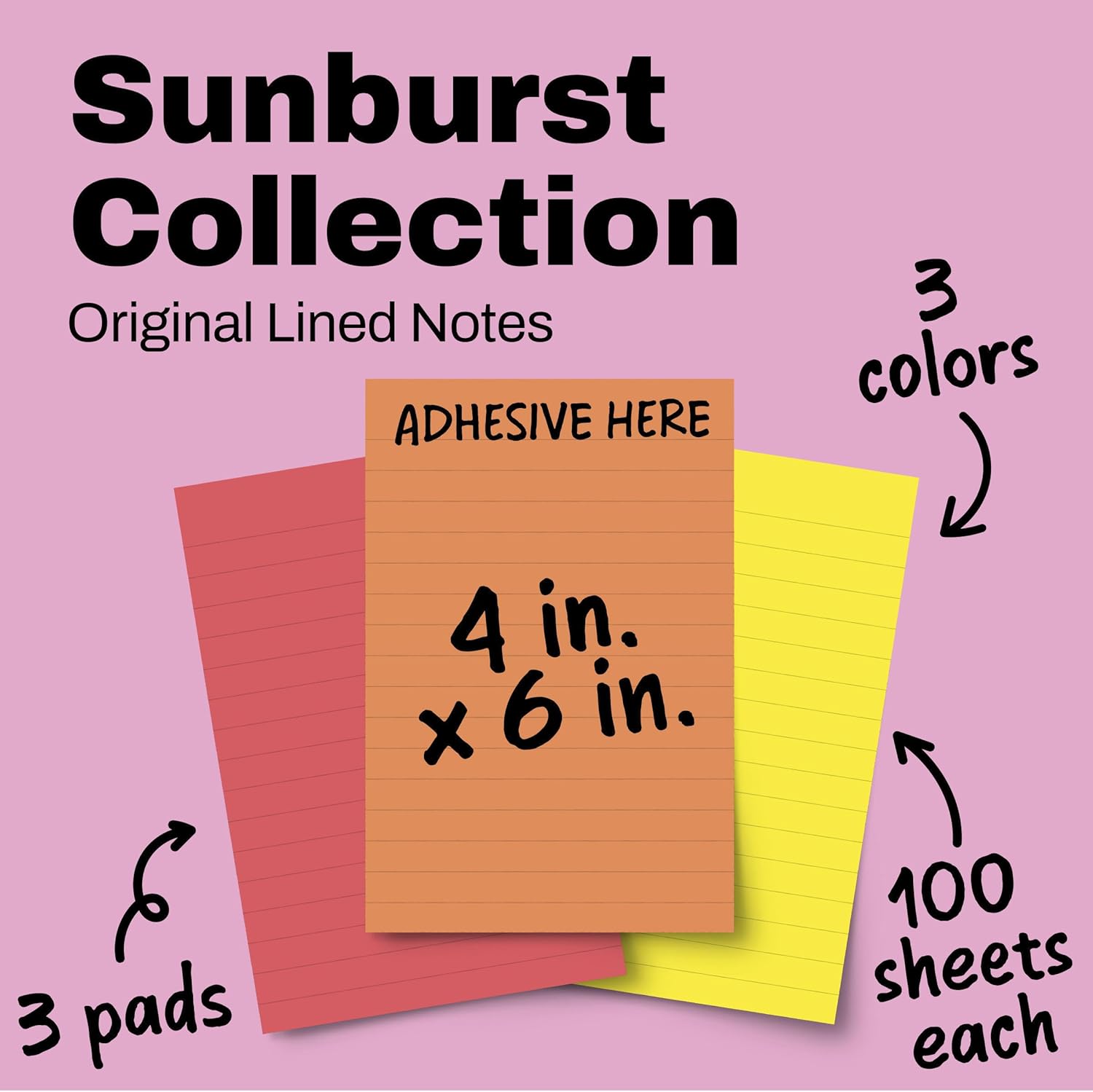 Post-it Notes, 3 Lined Sticky Notes Pads, 4 x 6 in., School Supplies and Office Supplies, Sunburst Collection - Image 3