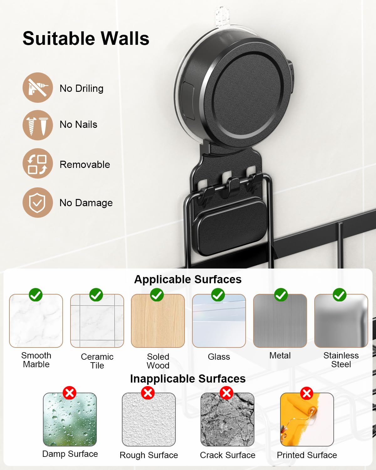 JOTPE Shower Caddy Suction Cup 5 Pack, No Drilling & Removable Suction Cup Shower Shelf for Bathroom with Large Capacity, Powerful Shower Organizer Max Hold 40 lbs, Waterproof Bathroom Shelf, Black - Image 7