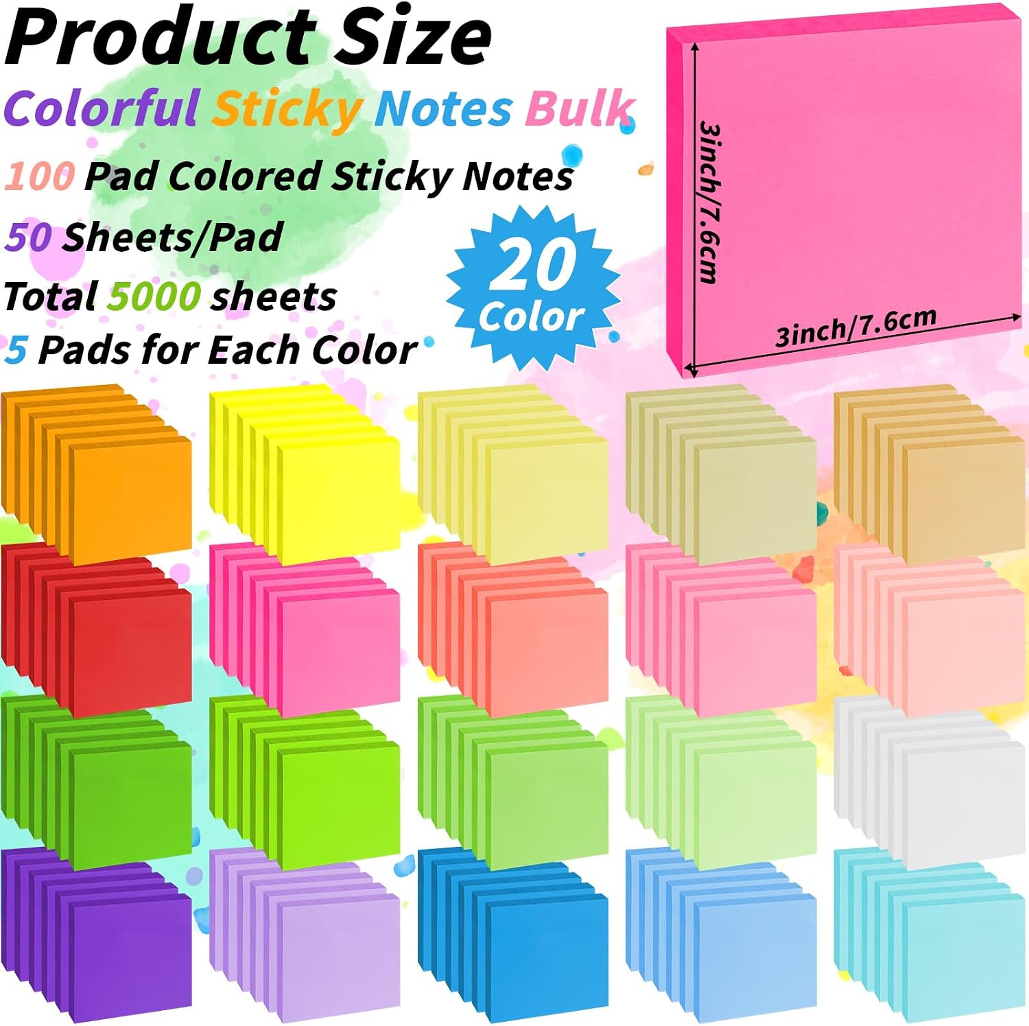 100 Pack Sticky Notes 3x3 Inch Colorful Self Stick Note Pads | 20 Colors, 50 Sheets Each, Self Stick Paper, Color Coding, Office Supplies, School, Home, Meetings, Reminders - Image 3