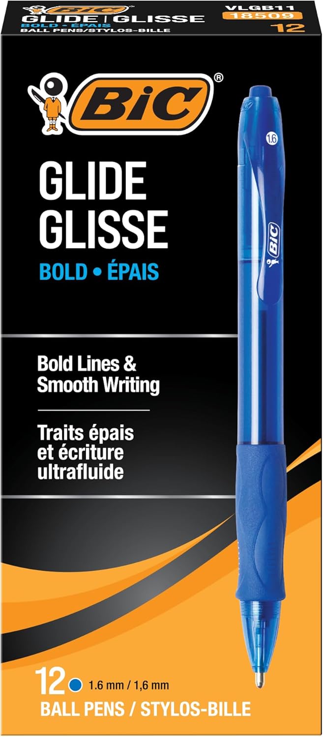 BIC Glide Bold Blue Ballpoint Pens, Bold Point (1.6mm), 12-Count Pack, Retractable Ballpoint Pens With Comfortable Full Grip - Image 2