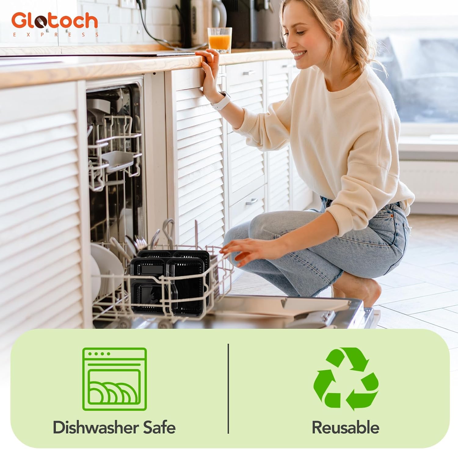Glotoch 50 Pack (100-Piece) 34oz Meal Prep Containers Reusable with Lids 3-Compartment Containers Microwave, Freezer, Dishwasher Safe - Leakproof Durable To Go Take Out Plastic Food Storage - Image 6