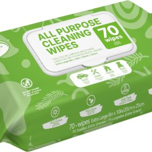Air Jungles All Purpose Cleaning Wipes 70 Count, Extra Large 8″ x 10″ Heavy Duty for Car Interior, Kitchen, Bathroom, Gym Equitment, Tools – Non-Toxic Safe for Multi-Surface