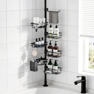 Shower Caddy Organizer Tension Pole, Rustproof 6-Pack Corner Shelf with 30-120 Inch Adjustable Shower Rack for Inside Shower, Extra Towel Bar & Soap Dish for Bathroom Organizers and Storage, Black