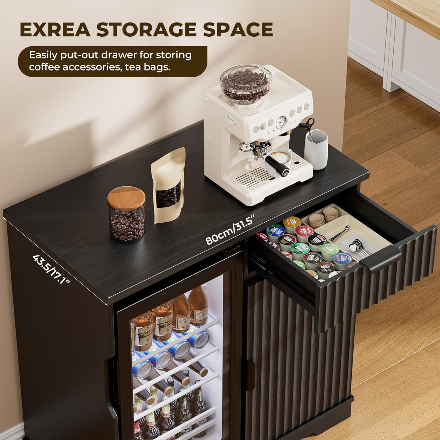 Mini Fridge Cabinet (Fridge Included), Fluted Coffee Bar Cabinet with Refrigerator, Pull Out Drawer & Storage Cabinets, 31.5" Liquor Wine Bar Cabinet for Home, Kitchen, Dining Room, Blac - Image 6