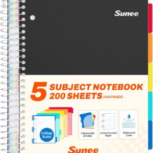 SUNEE 5 Subject Notebook College Ruled – 400 Pages, 9″x11″, 5 Pocket Colored Dividers, 3-Hole Punched Paper, Black