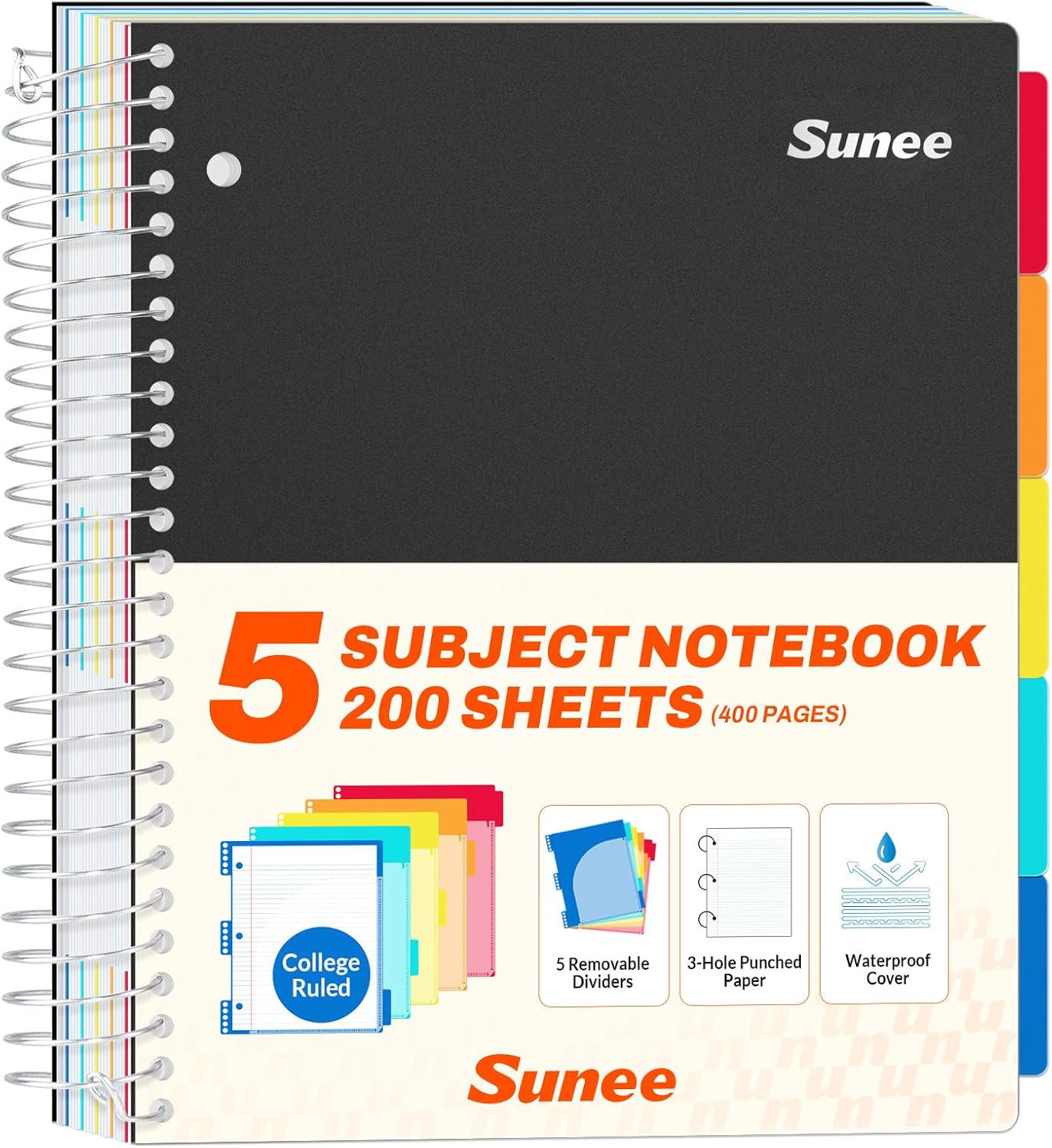 SUNEE 5 Subject Notebook College Ruled - 400 Pages, 9"x11", 5 Pocket Colored Dividers, 3-Hole Punched Paper, Black