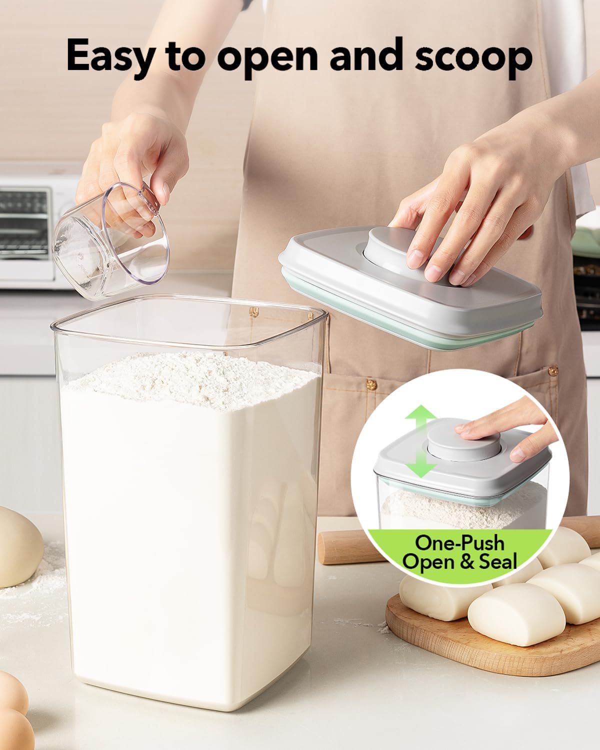 Ankou Airtight Food Storage Container with Pop Lid & 130ml Scoop, 4L/4.2qt *4 BPA-Free Cereal, Rice, Flour, Pasta & Snack Container, Stackable & Durable,Kitchen Pantry Organizer - Image 3